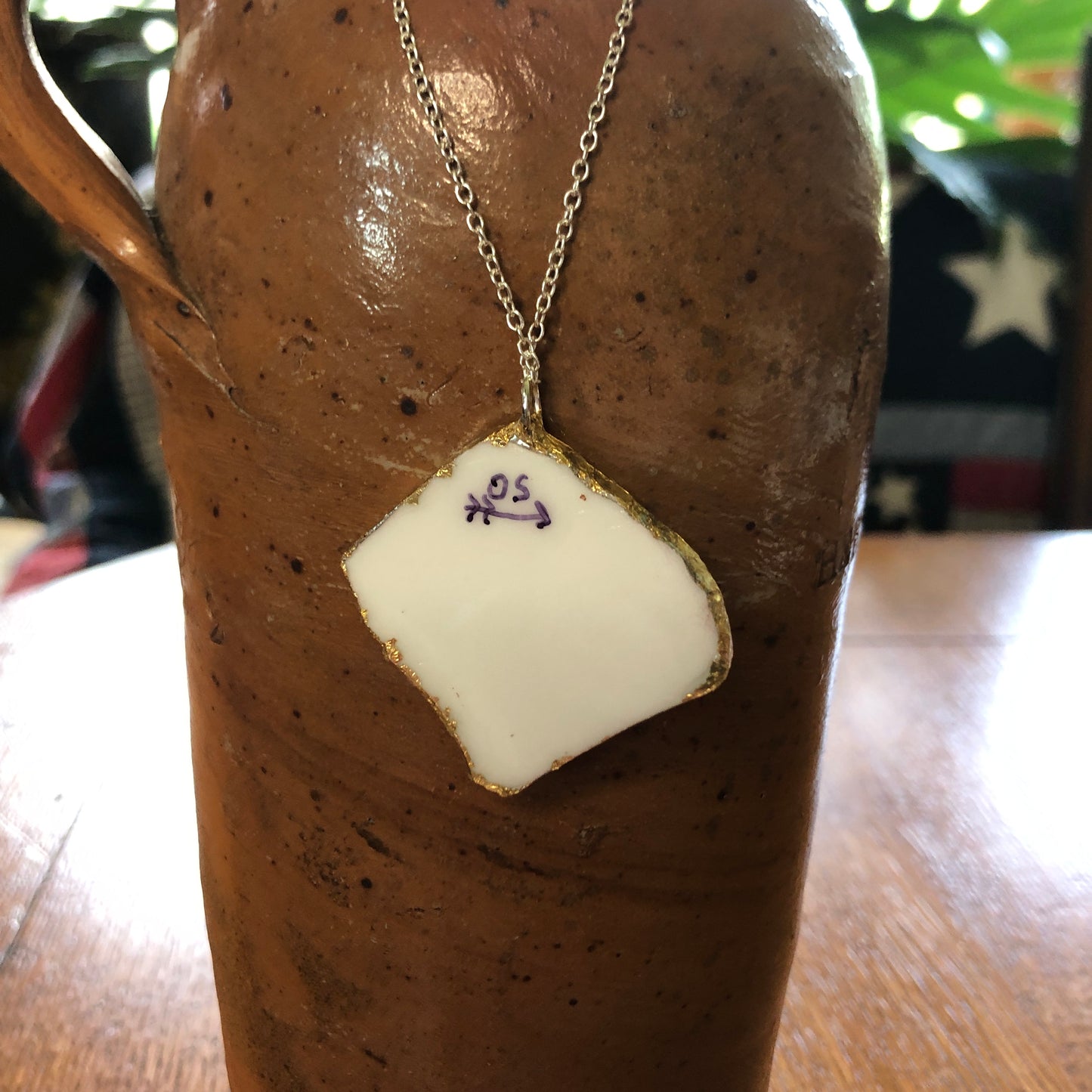 Broken Pottery Artisan Made Plumeria Flower Pendent Hawaii Collectors Plate Handcrafted Necklace 1.5in x 1.5in