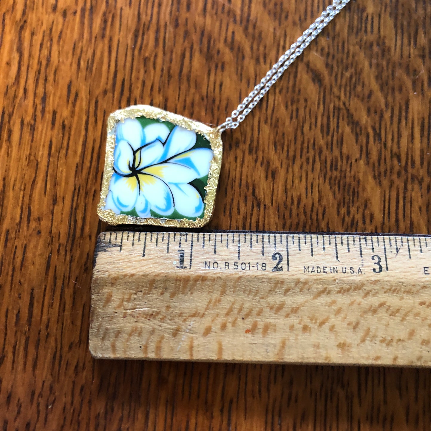 Broken Pottery Artisan Made Plumeria Flower Pendent Hawaii Collectors Plate Handcrafted Necklace 1.5in x 1.5in