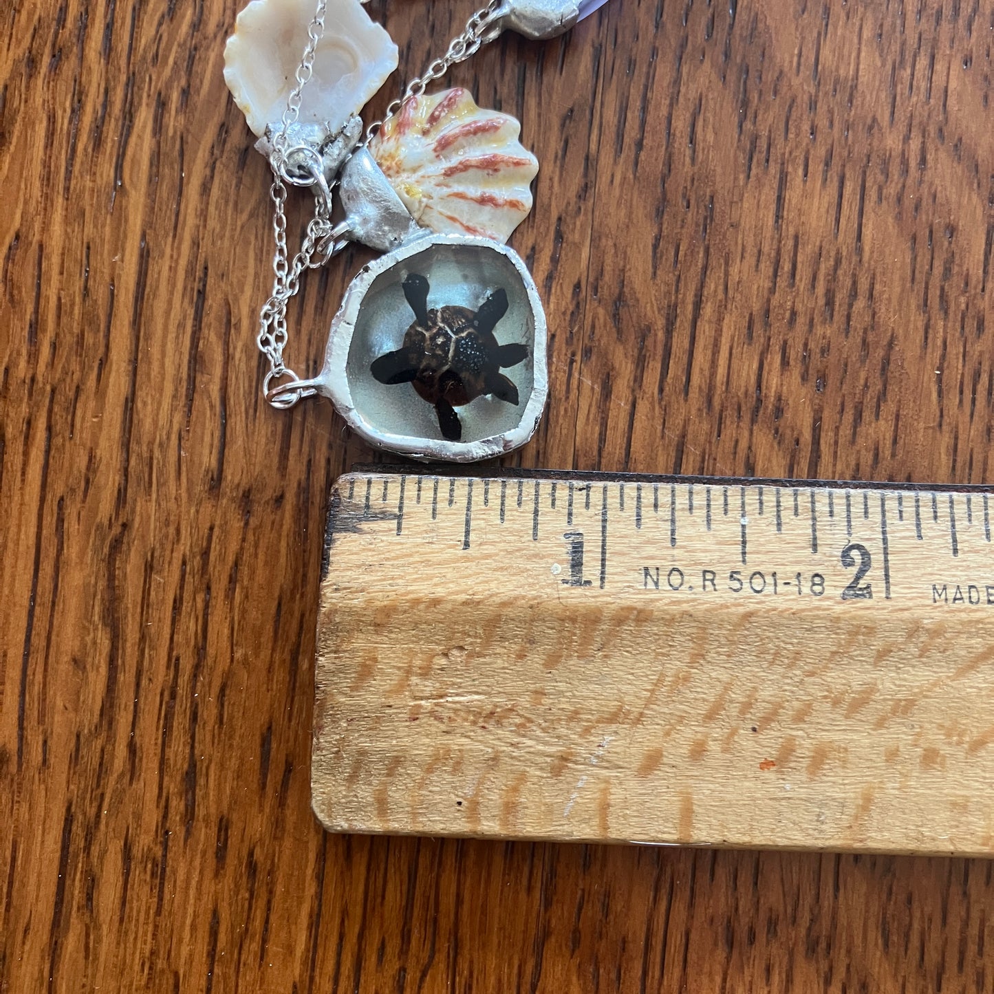 Sea Turtle Charm Necklace With Erie Glass, Kitten Paws, And Atlantic Yellow Cowrie Shells