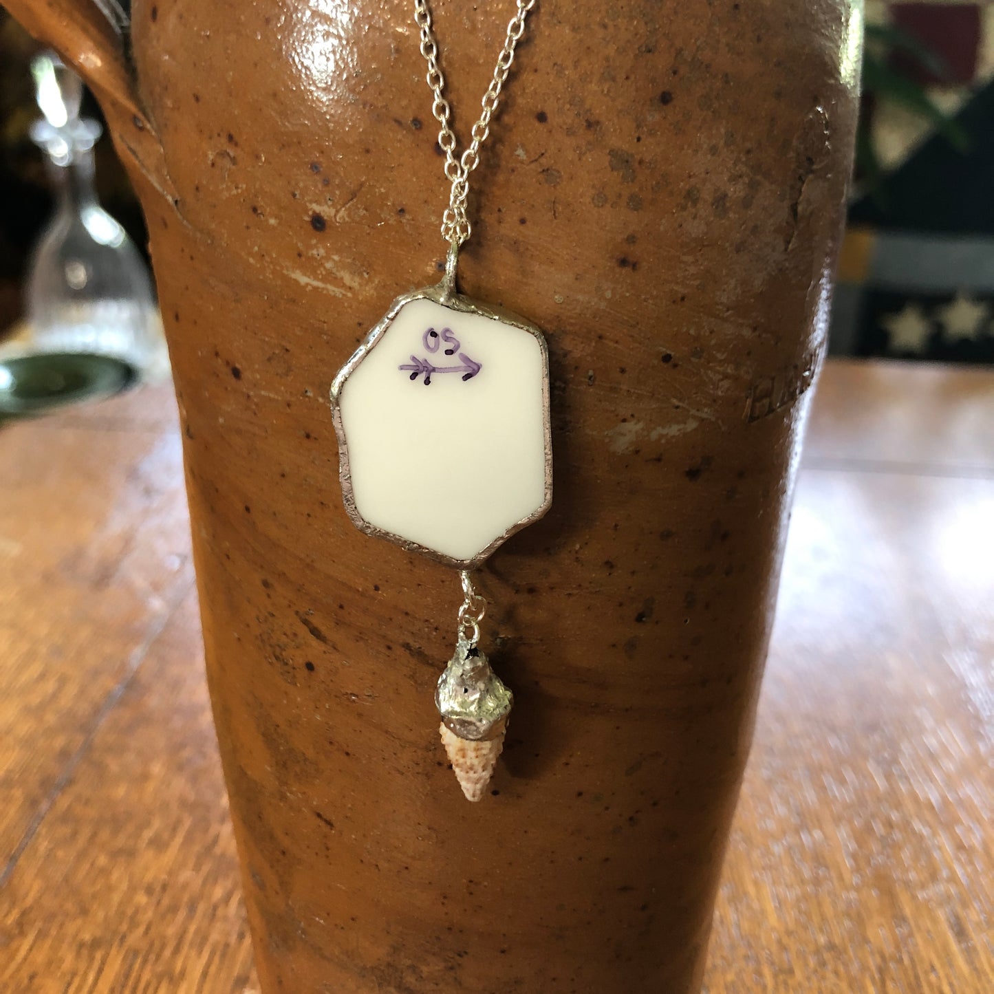Broken Pottery Artisan Made Orchid Flower Cerith Shell Pendent Hawaii Collectors Plate Handcrafted Necklace 2.75in x 7/8in
