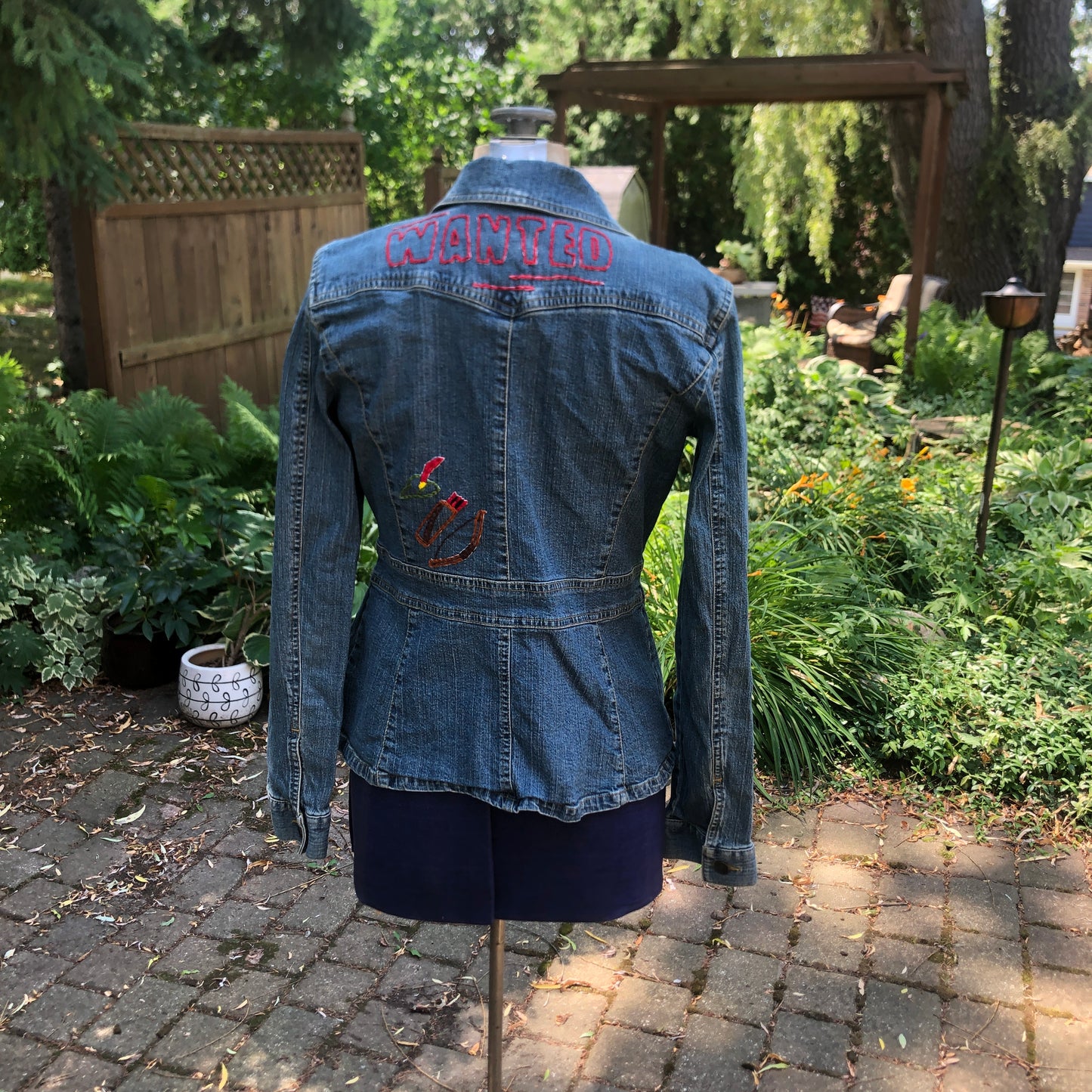Wanted Upcycled Jean Jacket Hand Embroidered Size Medium