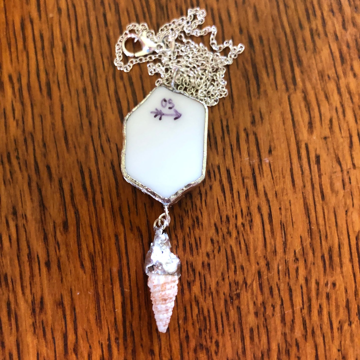 Broken Pottery Artisan Made Orchid Flower Cerith Shell Pendent Hawaii Collectors Plate Handcrafted Necklace 2.75in x 7/8in