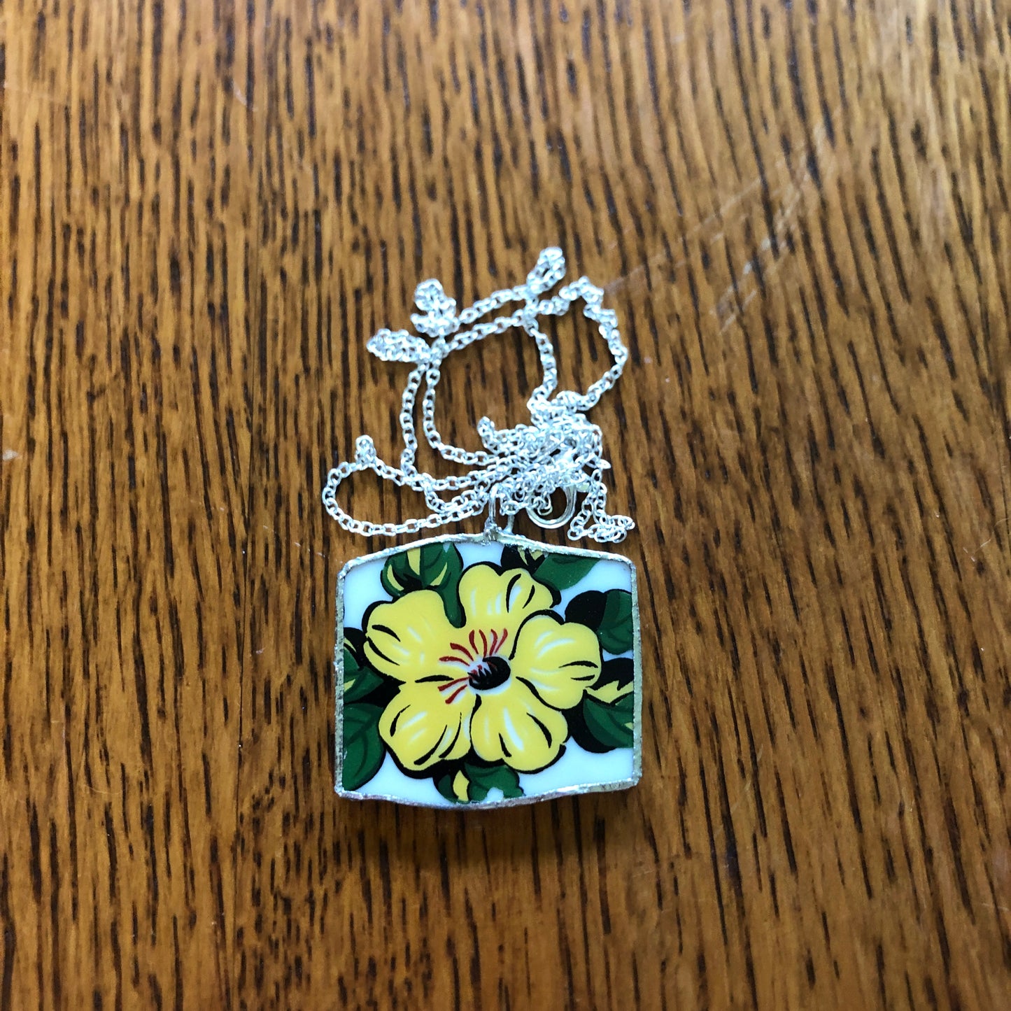 Broken Pottery Artisan Made Allamanda Flower Pendent Hawaii Collectors Plate Handcrafted Necklace 1.25in x 1.25in