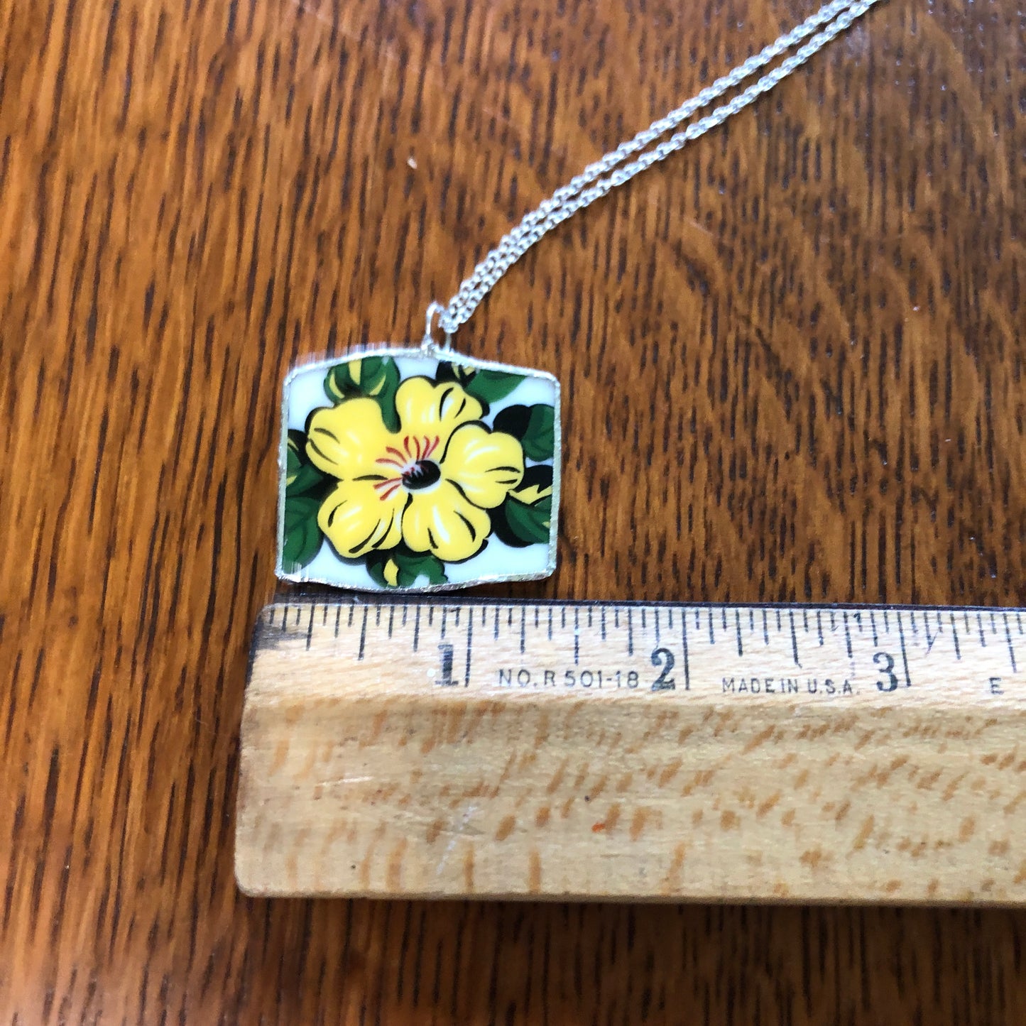 Broken Pottery Artisan Made Allamanda Flower Pendent Hawaii Collectors Plate Handcrafted Necklace 1.25in x 1.25in