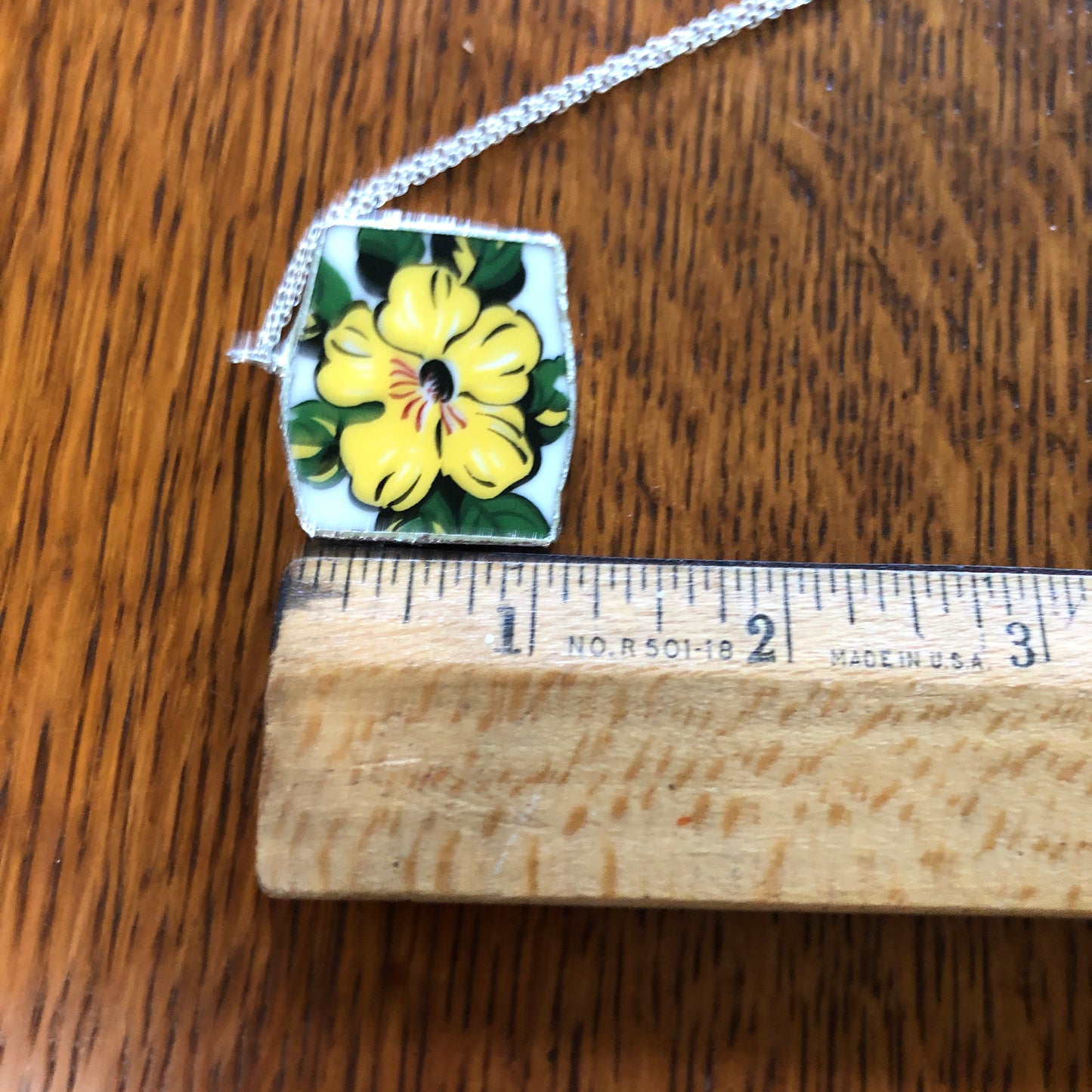 Broken Pottery Artisan Made Allamanda Flower Pendent Hawaii Collectors Plate Handcrafted Necklace 1.25in x 1.25in