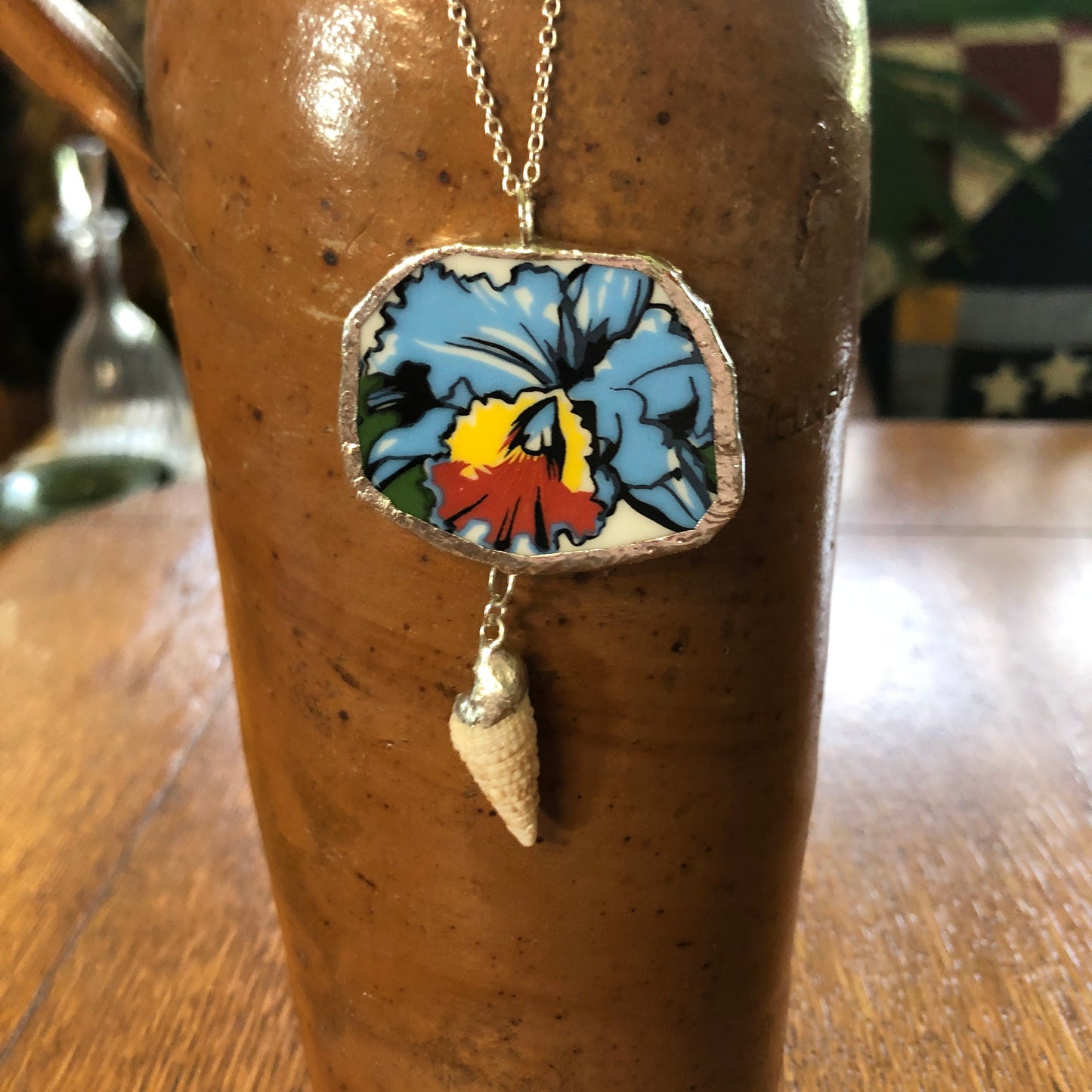 Broken Pottery Artisan Made Orchid Flower Cerith Shell Pendent Hawaii Collectors Plate Handcrafted Necklace 1.5in x 3in