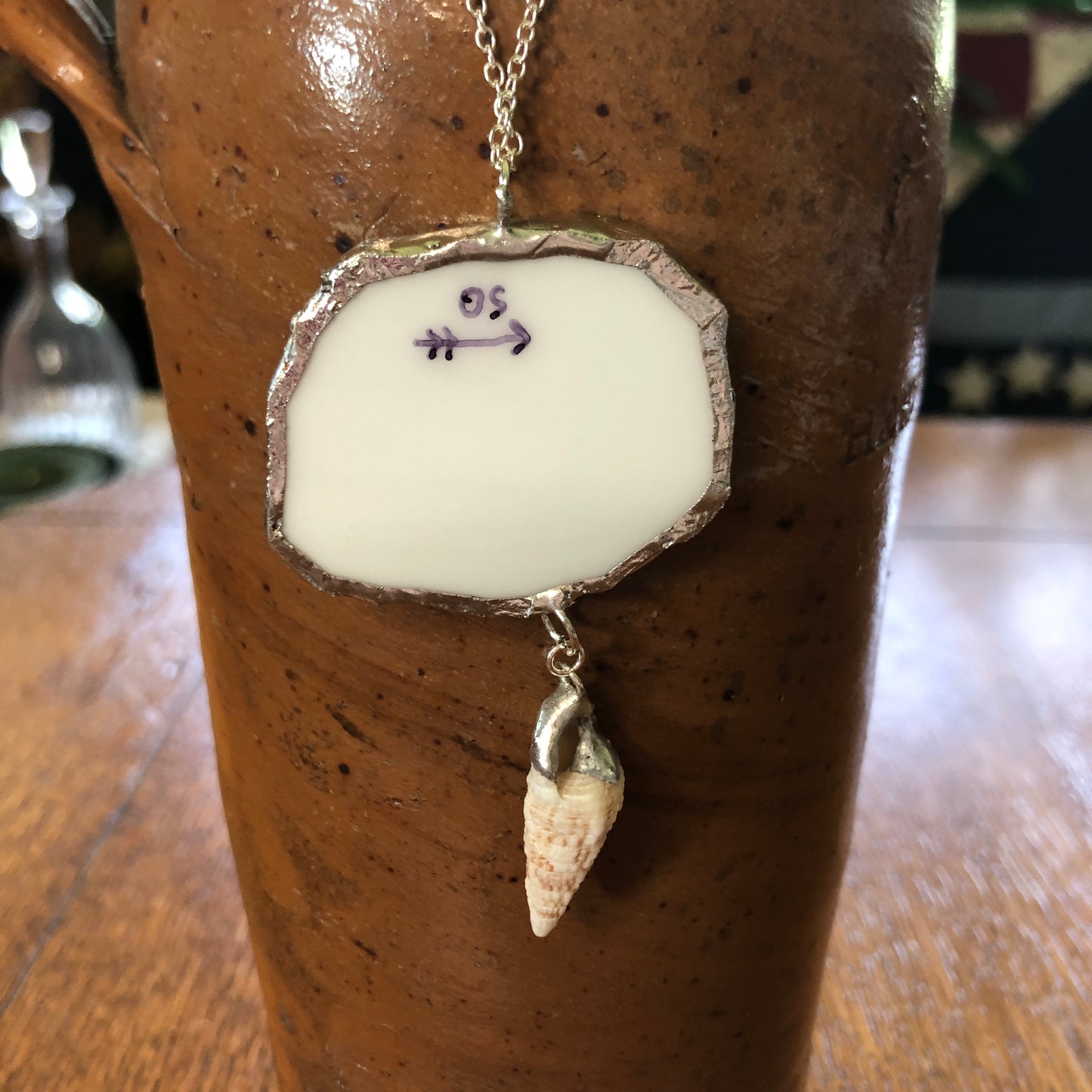 Broken Pottery Artisan Made Orchid Flower Cerith Shell Pendent Hawaii Collectors Plate Handcrafted Necklace 1.5in x 3in
