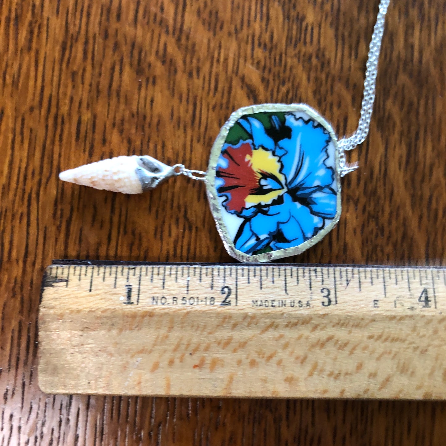 Broken Pottery Artisan Made Orchid Flower Cerith Shell Pendent Hawaii Collectors Plate Handcrafted Necklace 1.5in x 3in