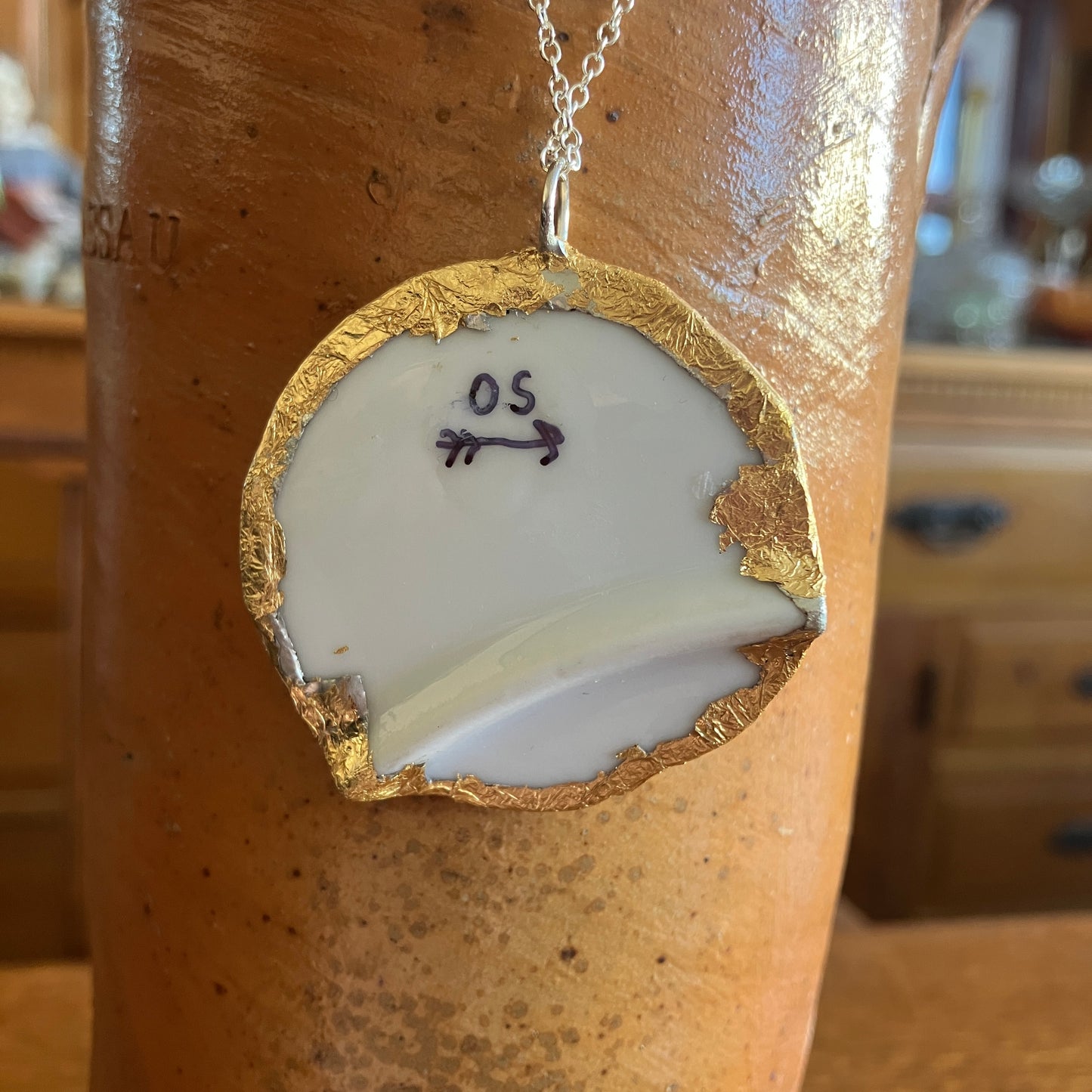 Broken Pottery Artisan Made Cat Pendant Kitten Collector Plate Handcrafted Necklace 1.75 in x 1.75 in