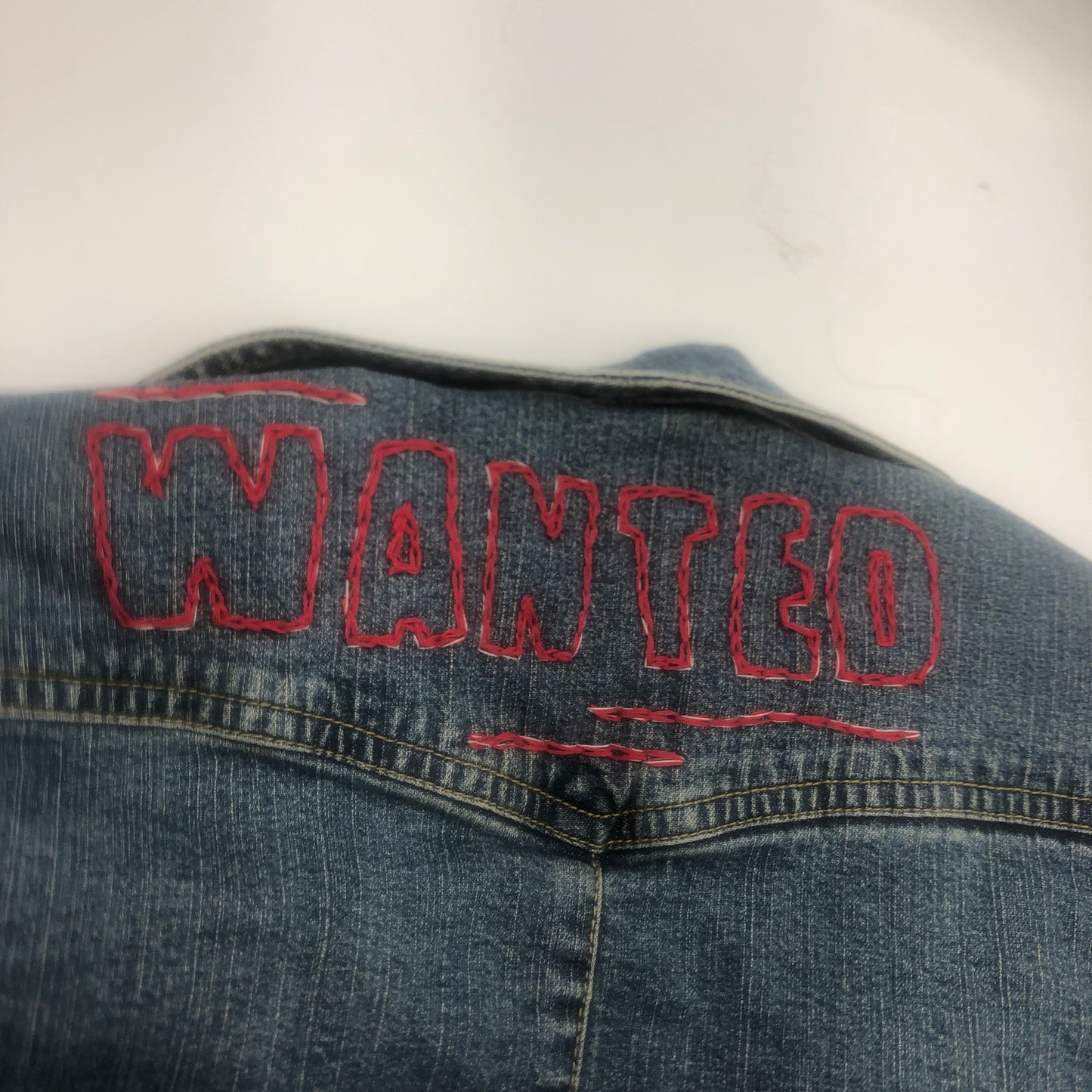 Wanted Upcycled Jean Jacket Hand Embroidered Size Medium