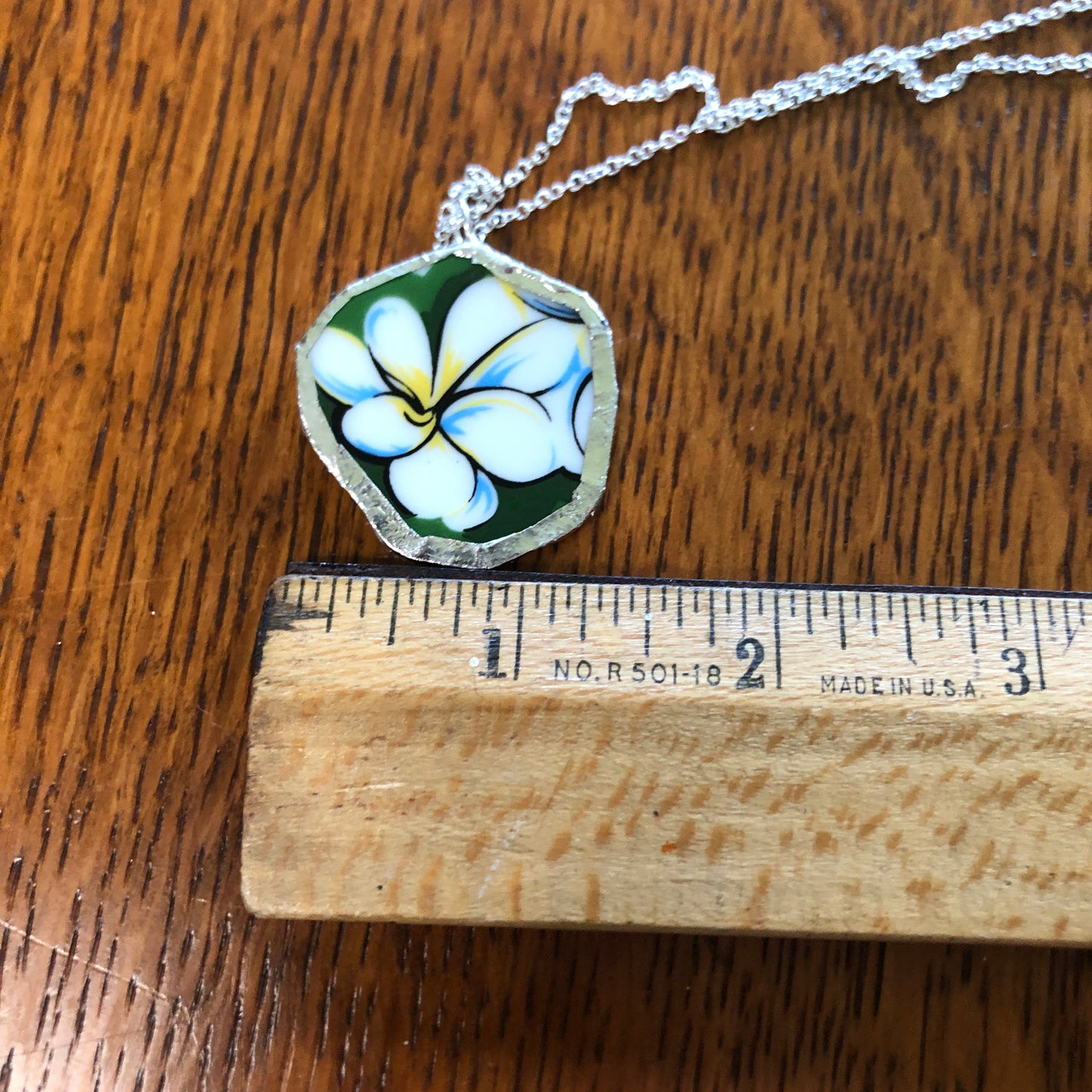 Broken Pottery Artisan Made Plumeria Flower Pendent Hawaii Collectors Plate Handcrafted Necklace 1.25in x 1.25in