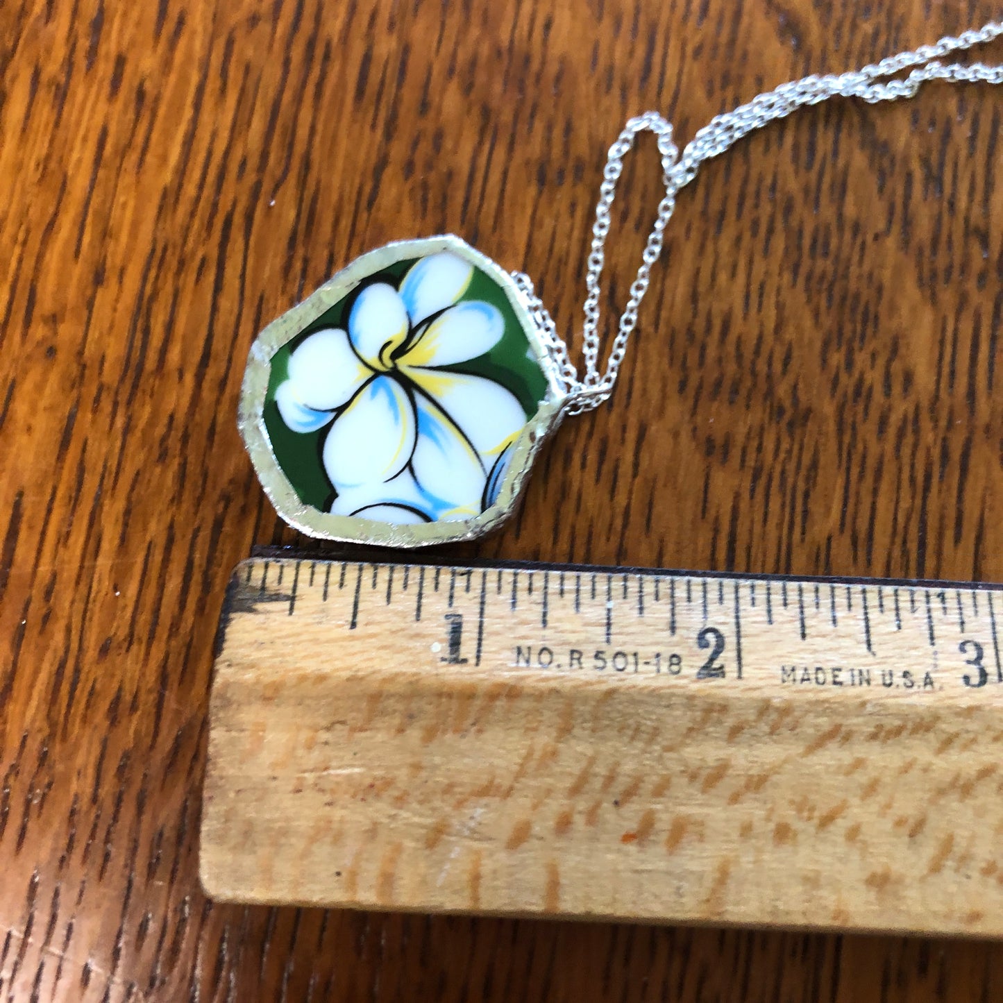 Broken Pottery Artisan Made Plumeria Flower Pendent Hawaii Collectors Plate Handcrafted Necklace 1.25in x 1.25in