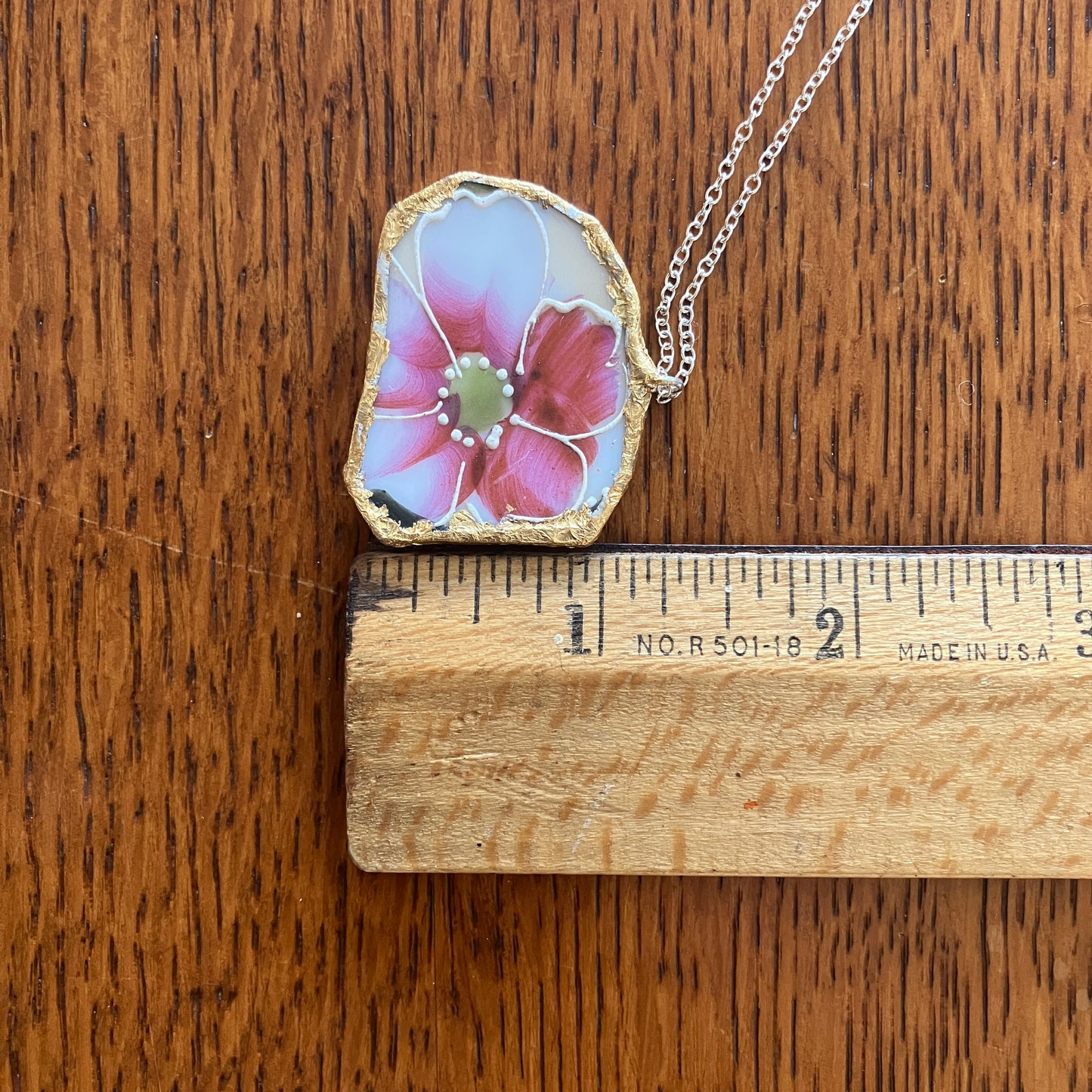 Broken Pottery Artisan Made Pendant Hand Painted Japan Unbranded Plate Handcrafted Necklace 1.5in x 1in
