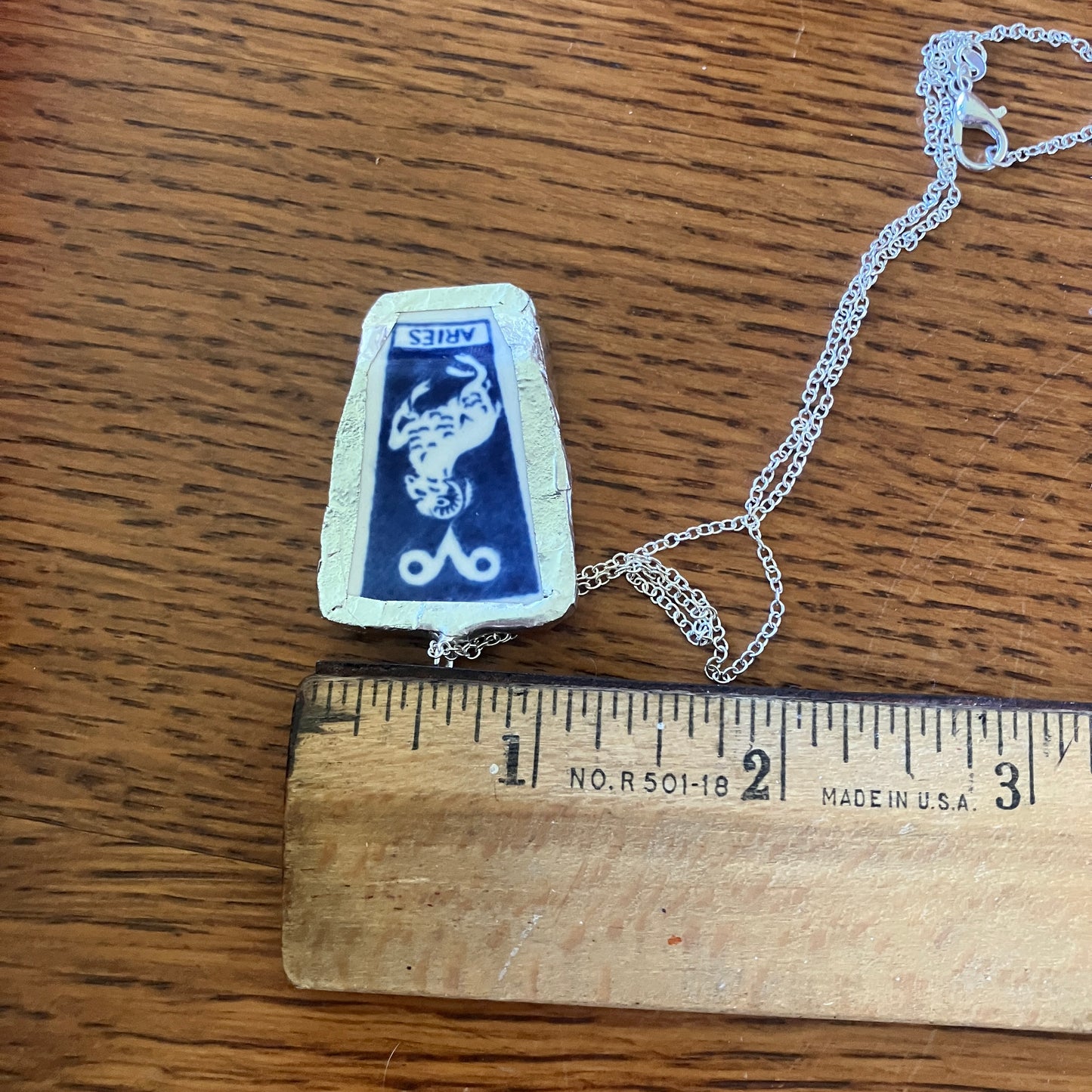 Artisan Made Aries Pendant Repurposed Zodiac Calendar Plate Shard Unique Necklace 1in x 1.5in