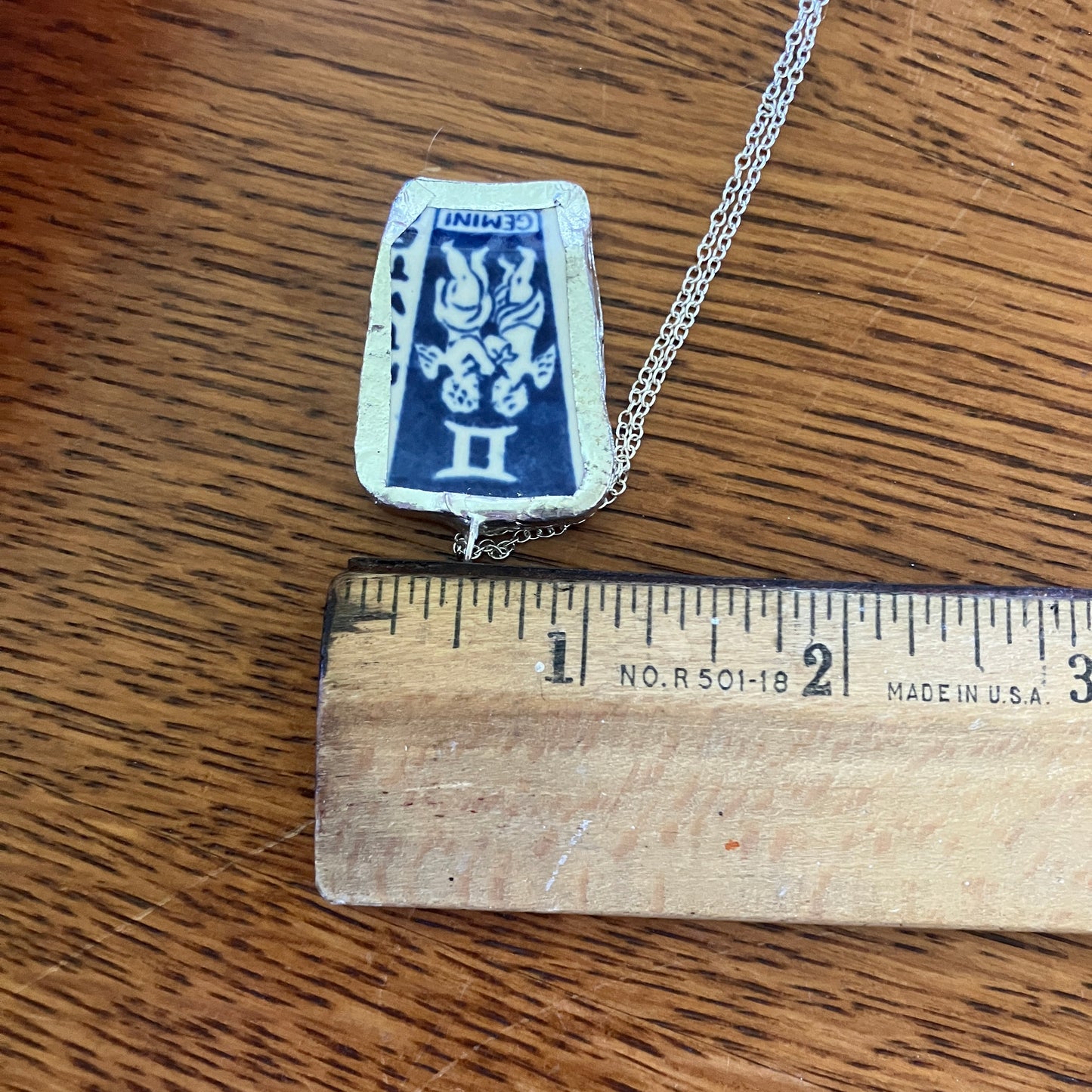 Artisan Made Gemini Pendant Repurposed Zodiac Calendar Plate Shard Unique Necklace 1in x 1.5in