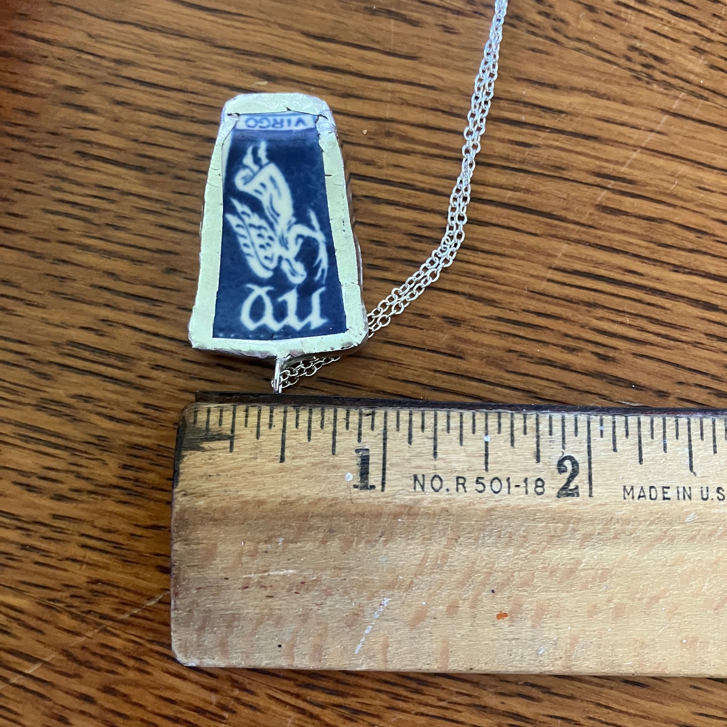 Artisan Made Virgo Pendant Repurposed Zodiac Calendar Plate Shard Unique Necklace 7/8in x 1.5in