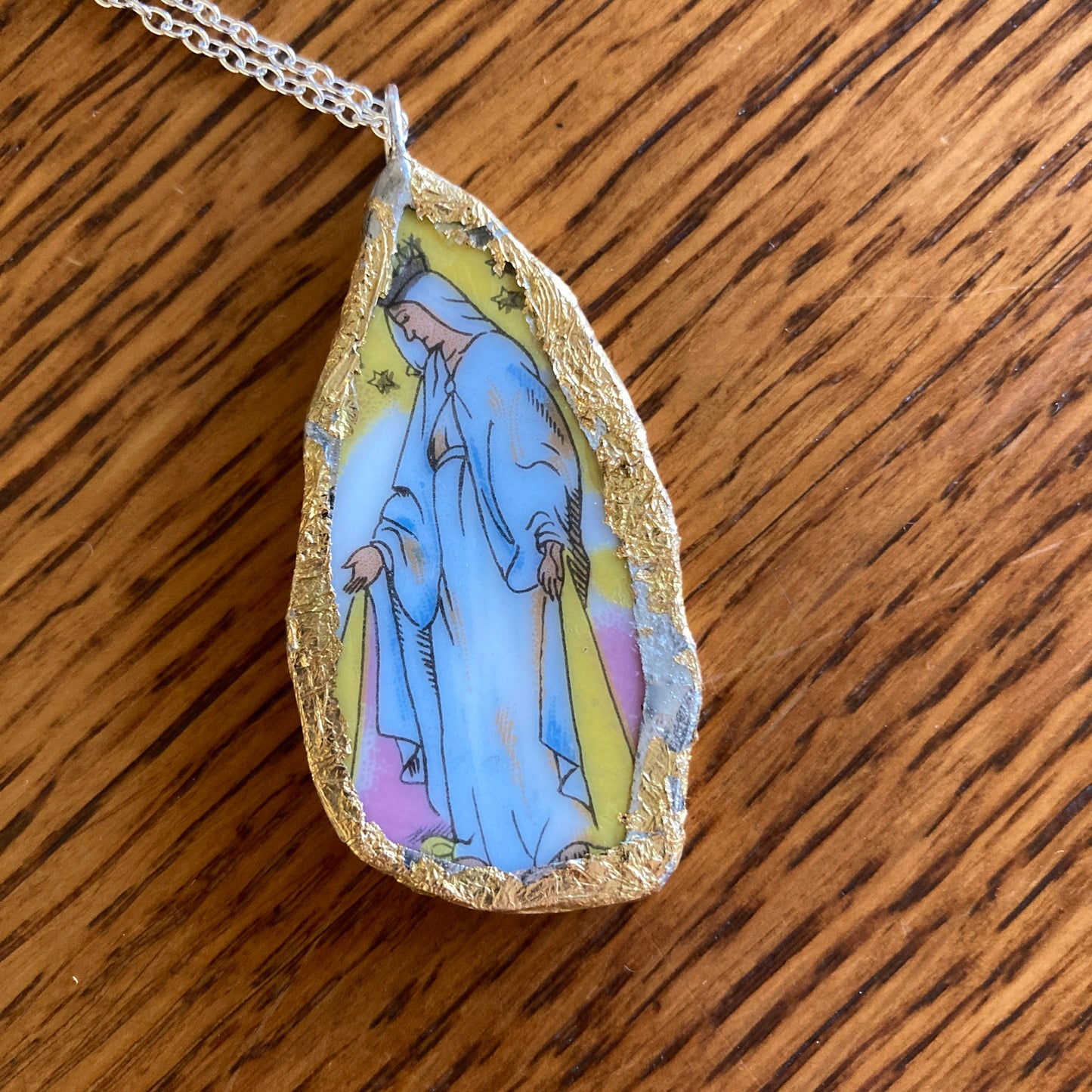 Broken Pottery Artisan Made Pendant Christian Religious Plate Handcrafted Necklace 1 in x 1.75 in