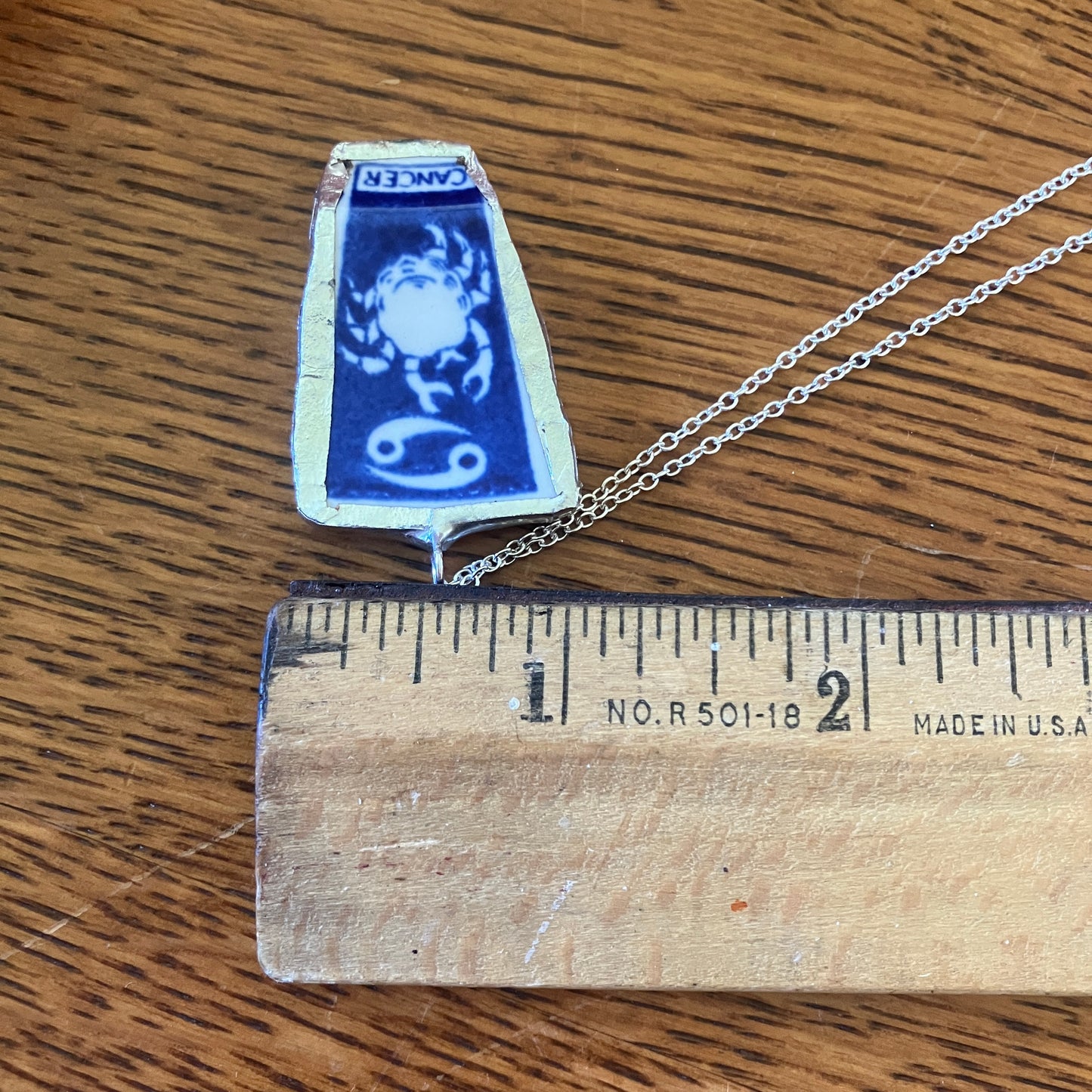 Artisan Made Cancer Pendant Repurposed Zodiac Calendar Plate Shard Unique Necklace 1in x 1.5in