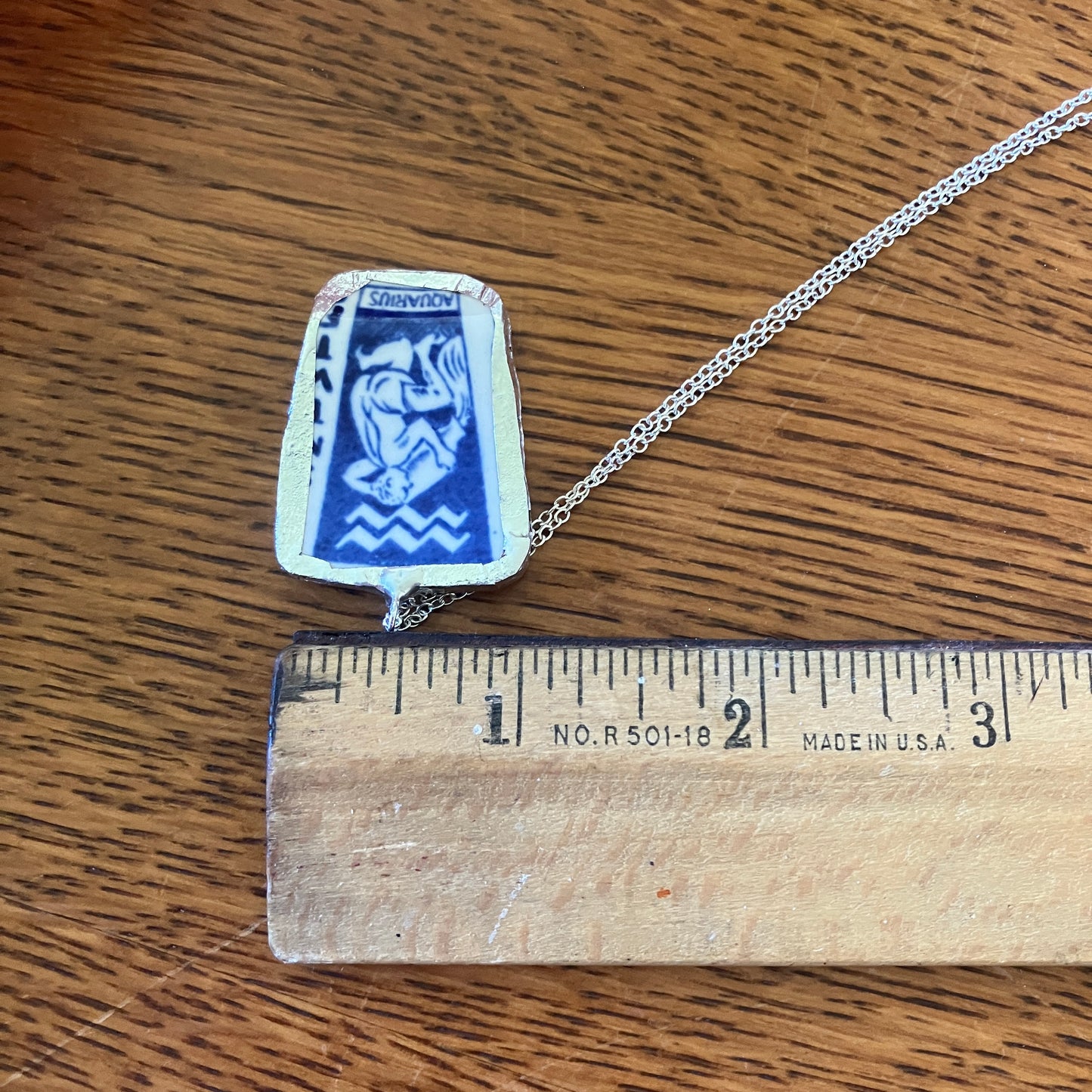 Artisan Made Aquarius Pendant Repurposed Zodiac Calendar Plate Shard Unique Necklace 1in x 1.5in