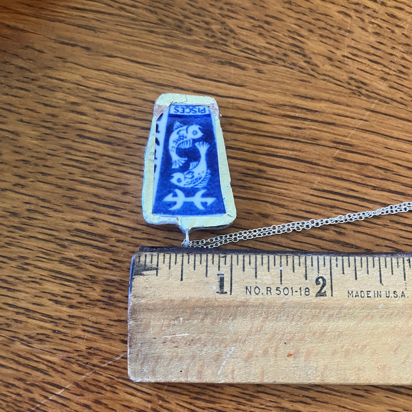 Artisan Made Pisces Pendant Repurposed Zodiac Calendar Plate Shard Unique Necklace 1in x 1.5in