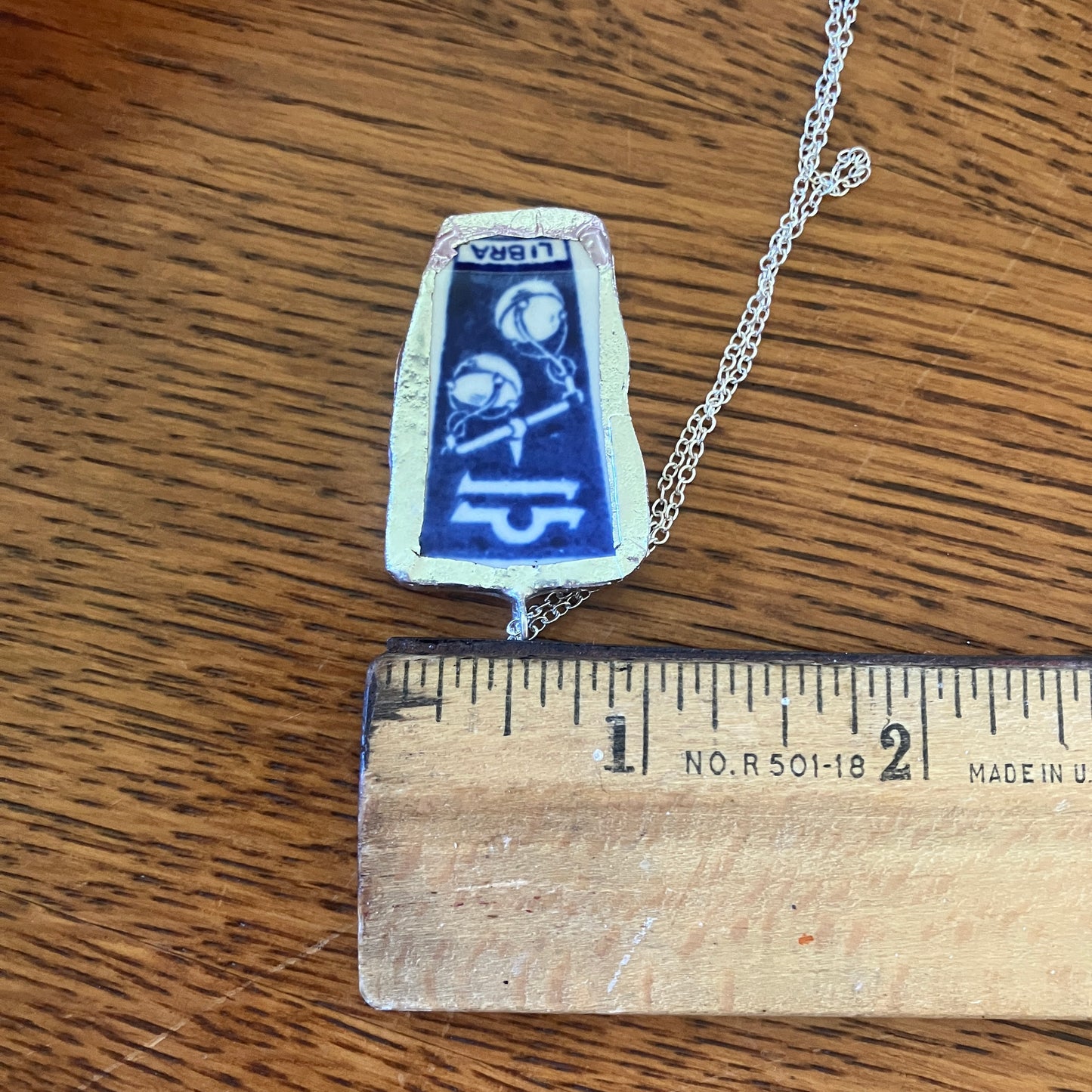 Artisan Made Libra Pendant Repurposed Zodiac Calendar Plate Shard Unique Necklace 1in x 1.5in