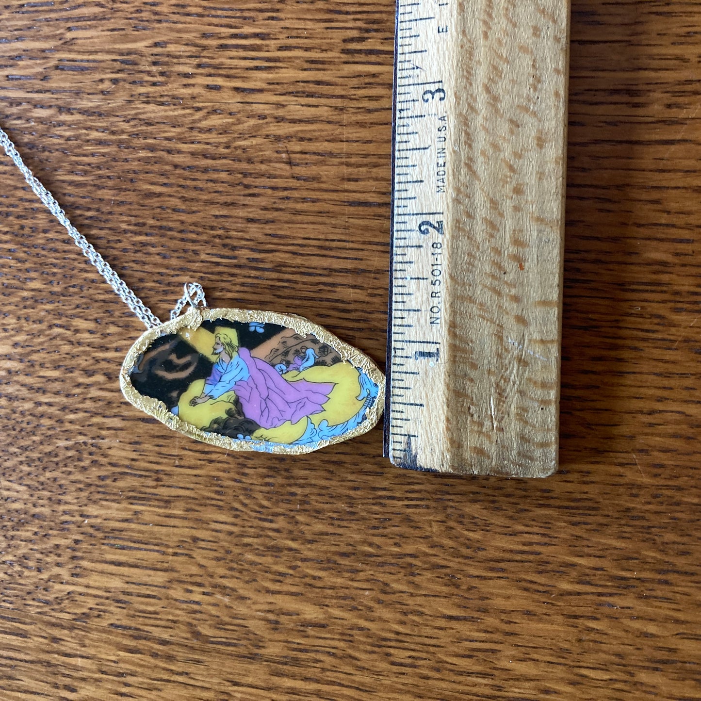 Broken Pottery Artisan Made Pendant Christian Religious Plate Handcrafted Necklace 2.25 in x 1.25 in
