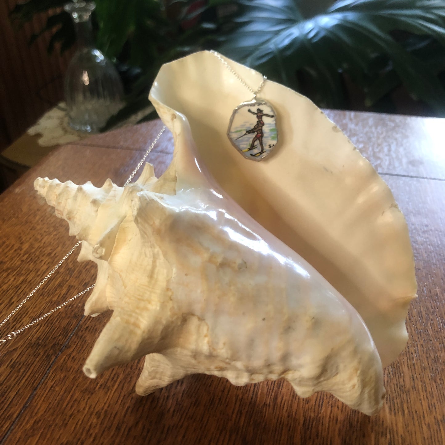 Broken Pottery Artisan Made Water-Ski Pendant Florida Collectors Plate Handcrafted Necklace 1in x 1.25in