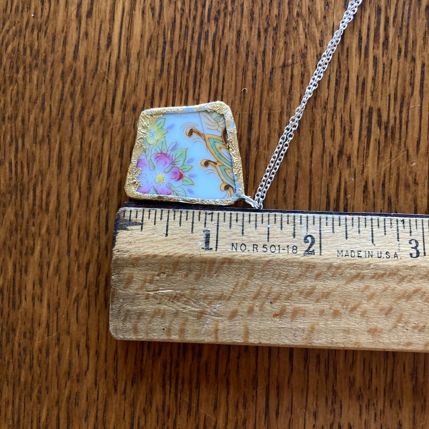 Broken Pottery Artisan Made Floral Pendant Diamond Brand Plate Handcrafted Necklace 1 3/8 in x 1 3/8 in