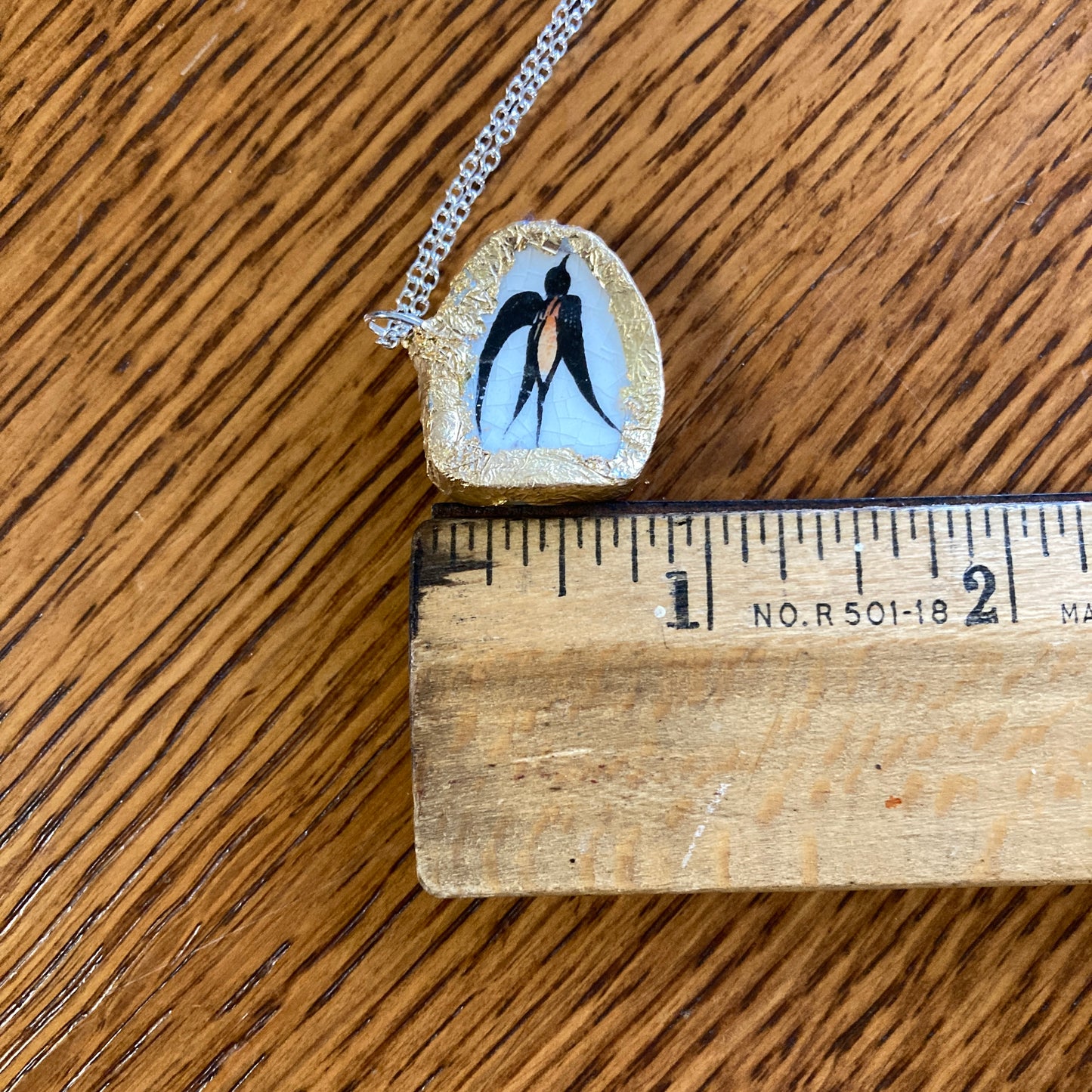 Broken Pottery Artisan Made Swallow Pendant Wells Plate Handcrafted Necklace 1 in x 7/8 in