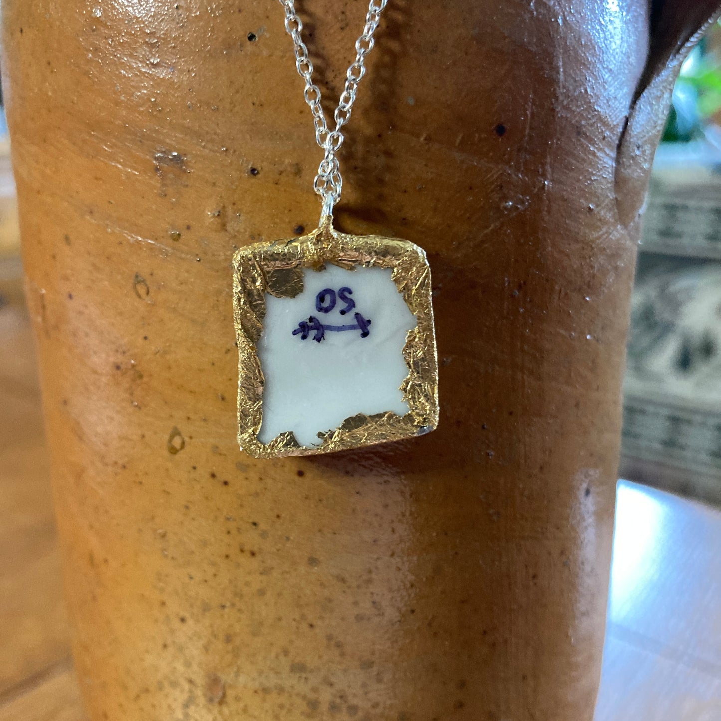 Broken Pottery Artisan Made Floral Pendant Diamond Brand Plate Handcrafted Necklace 3/4 in x 1/7 in