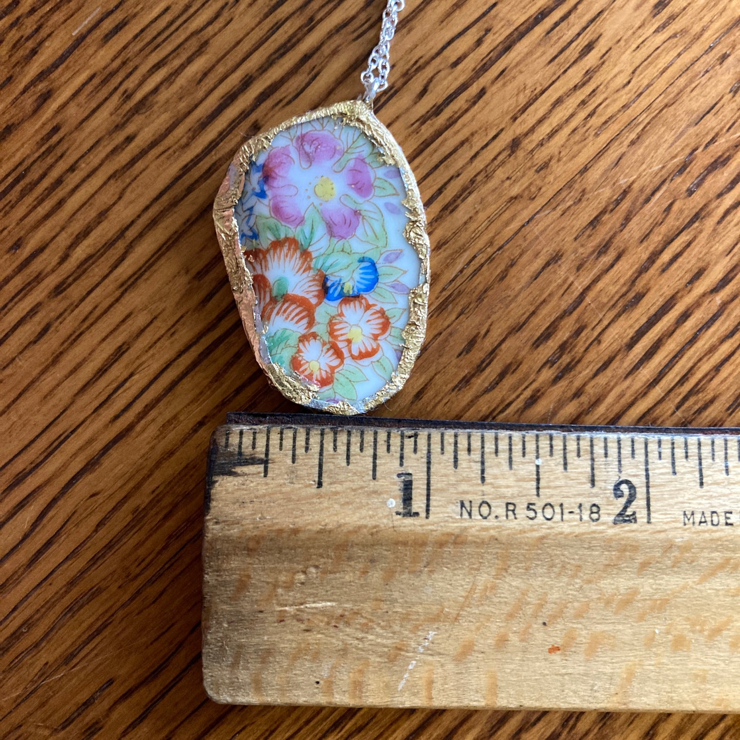 Broken Pottery Artisan Made Floral Pendant Diamond Brand Plate Handcrafted Necklace 1 in x 1.5 in