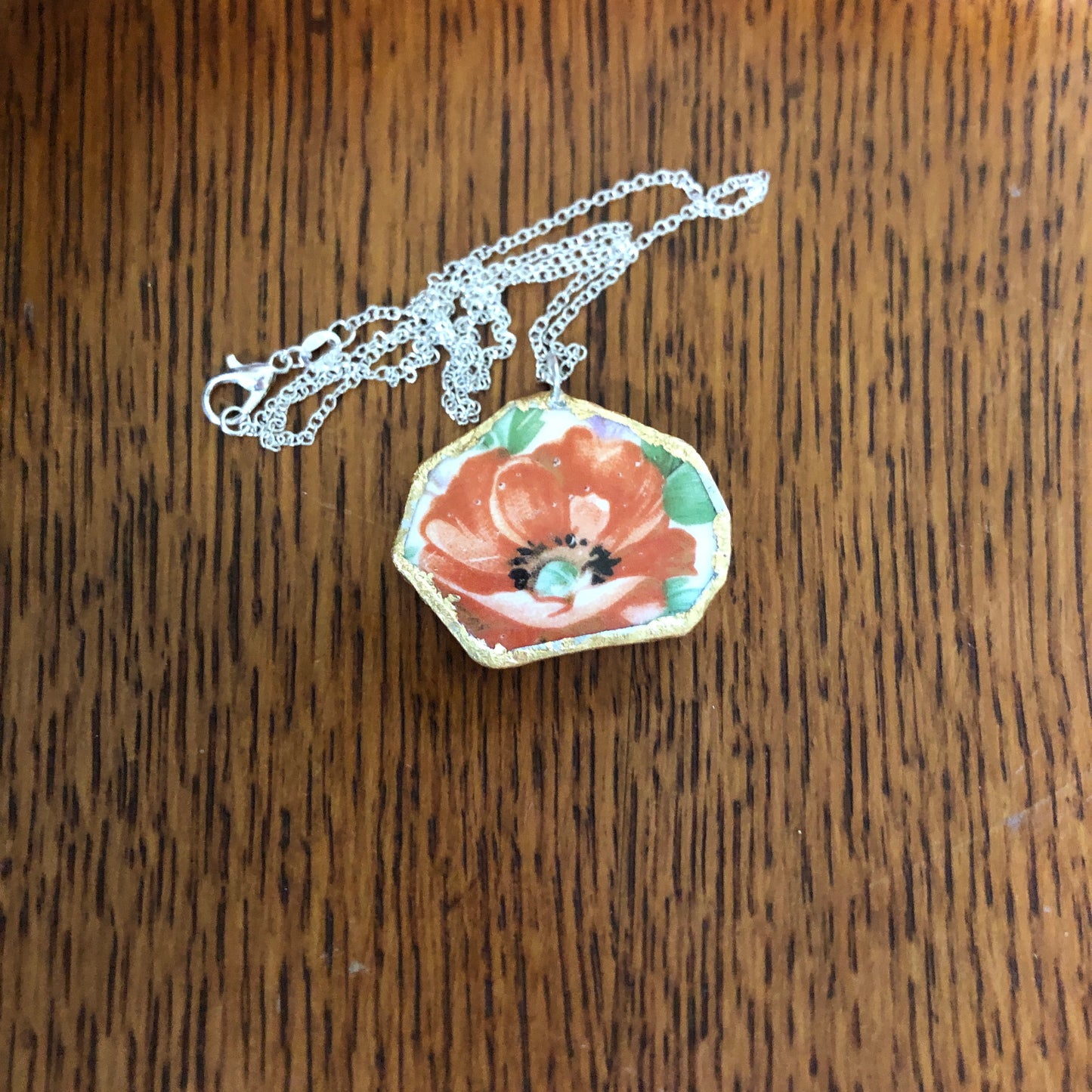Broken Pottery Artisan Made Poppy Pendent Royal China Plate Handcrafted Necklace 1.5in x 1.25in