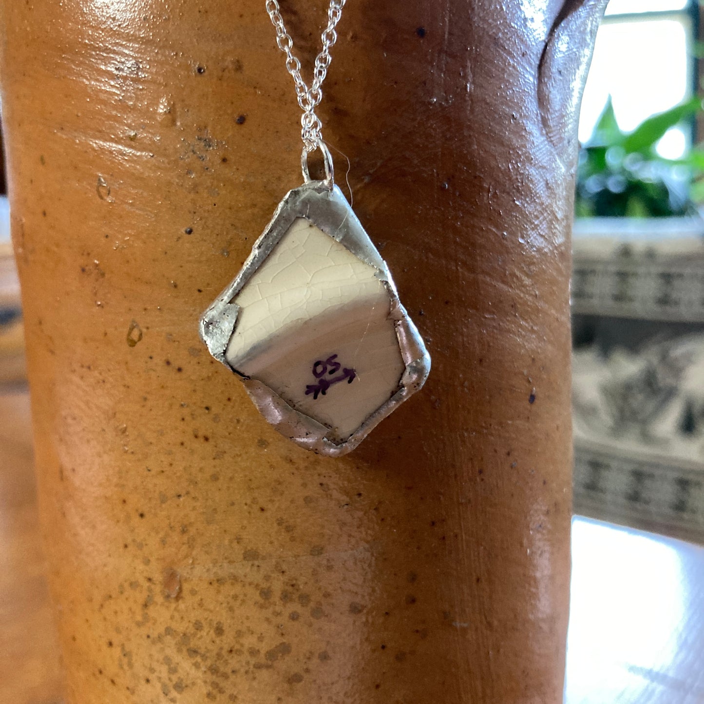 Broken Pottery Artisan Made Pendant Unbranded Blue Floral Plate Handcrafted Necklace 1 in x 1.25 in