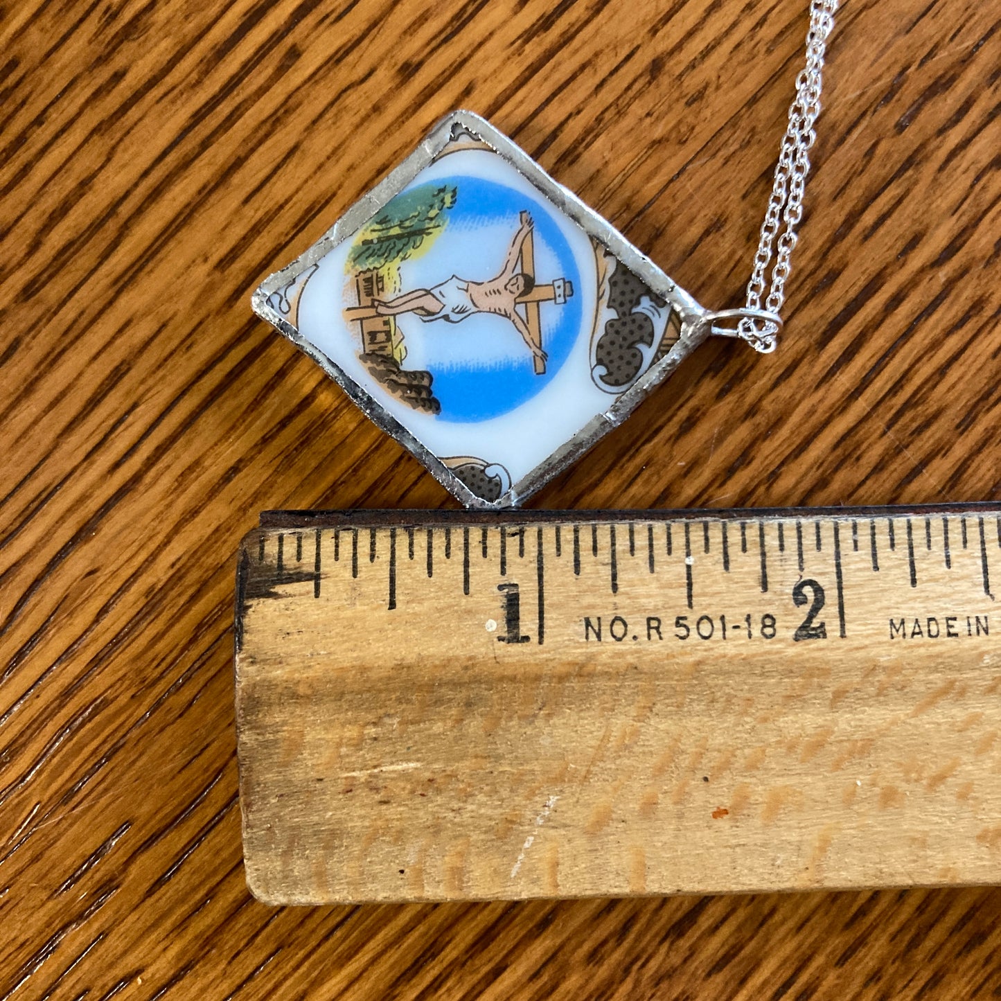 Broken Pottery Artisan Made Pendant Christian Religious Plate Handcrafted Necklace 1 3/8 in x 1.5 in