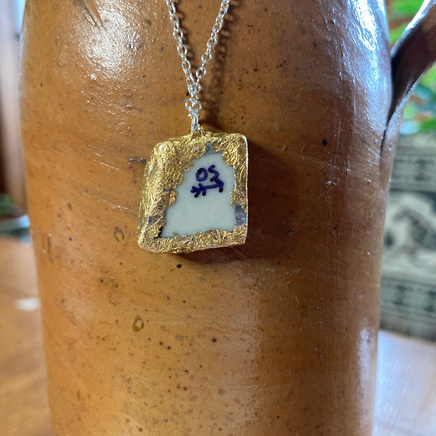 Broken Pottery Artisan Made Floral Pendant Sierra Stoneware Plate Handcrafted Necklace 3/4 in x 3/4 in