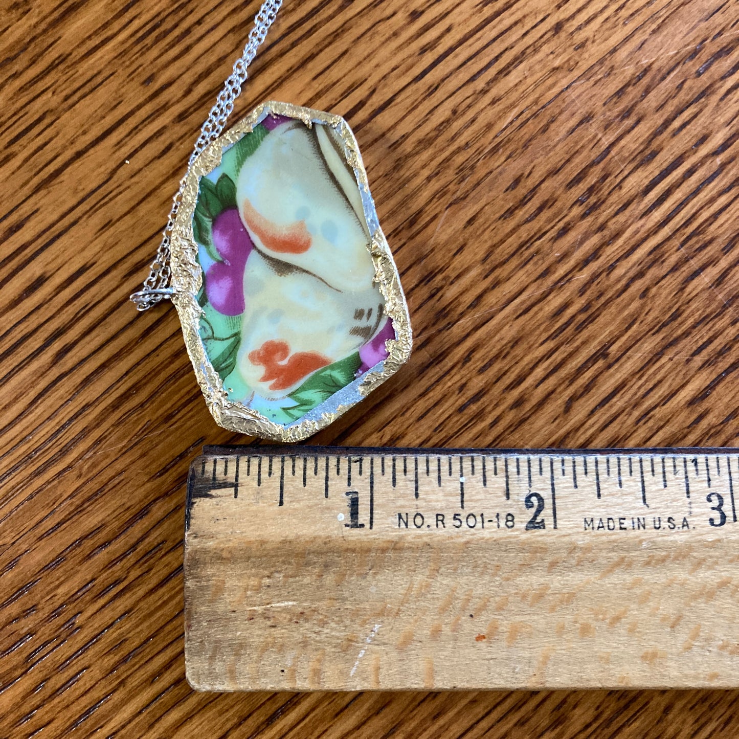 Broken Pottery Artisan Made Pear Pendant Fruit Plate Handcrafted Necklace 2 in x 1.25 in