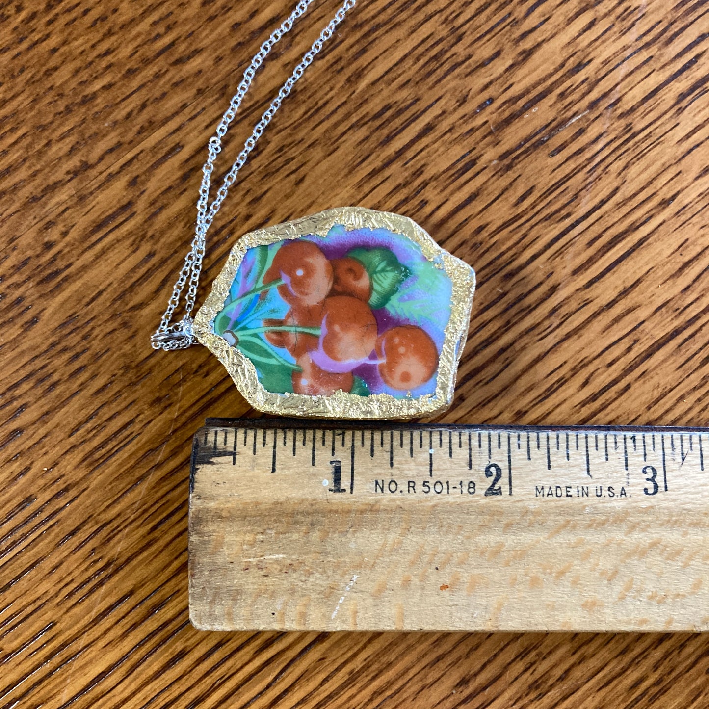 Broken Pottery Artisan Made Cherries Pendant Fruit Plate Handcrafted Necklace 1.5 in x 1.75 in