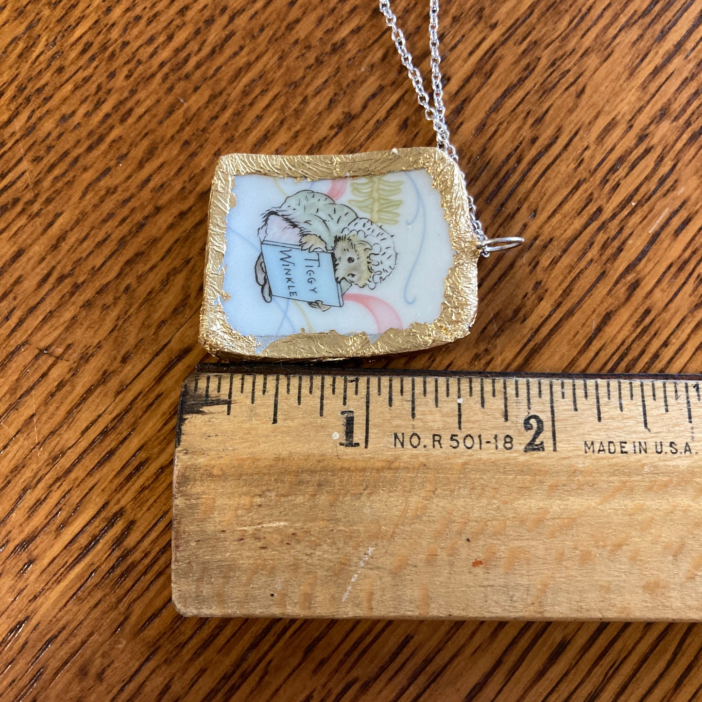 Broken Pottery Artisan Made Tiggy Winkle Pendant Wedgwood Peter Rabbit Collector Plate Handcrafted Necklace 1 1/8 in x 1.5 in