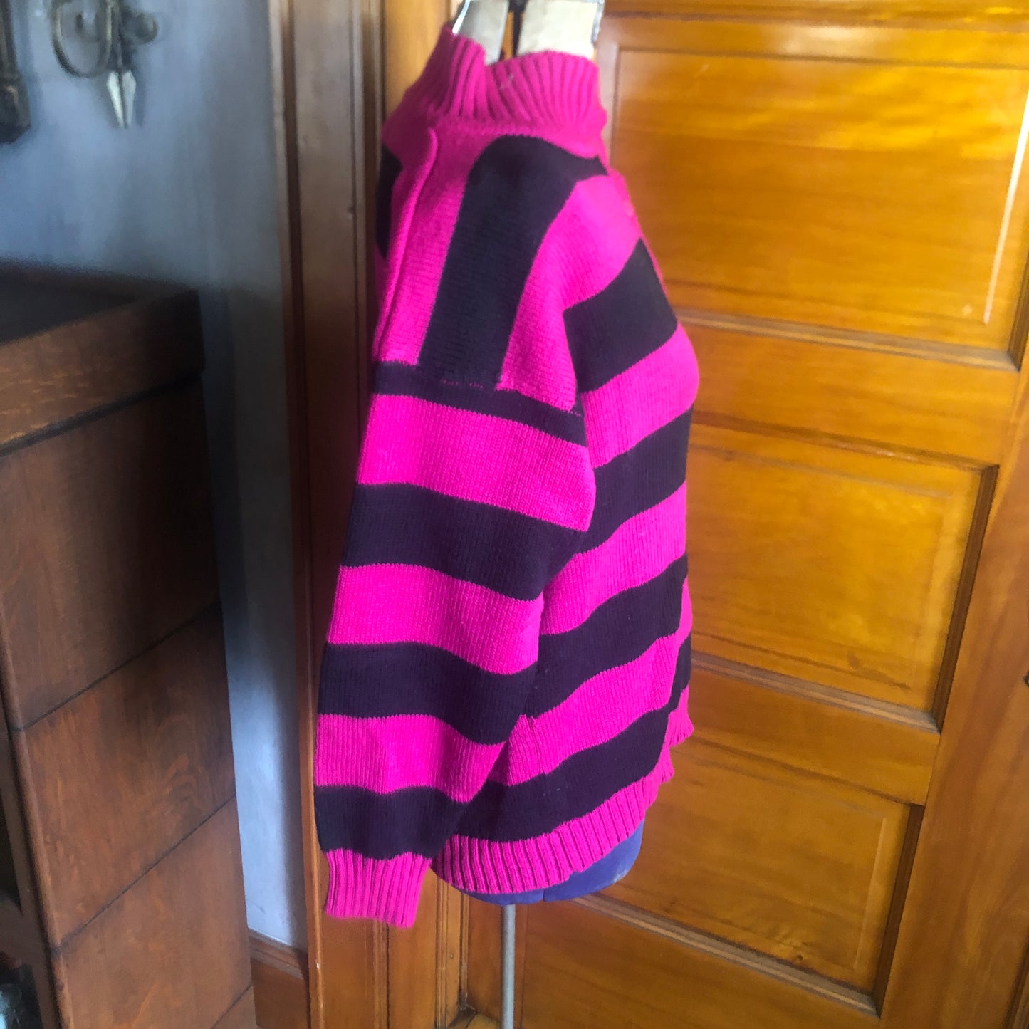LA Blues Pink And Black Striped Pullover Sweater 1980's Vintage Size L