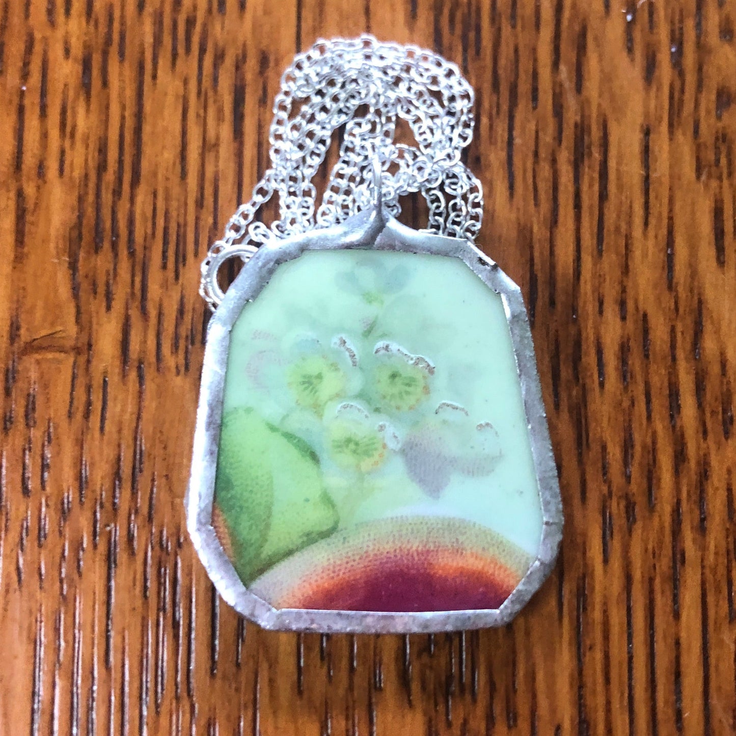 Broken Pottery Artisan Made Apple And Blossom Pendent Eagle China Austria Plate Handcrafted Necklace 1.25in x 1 3/8in