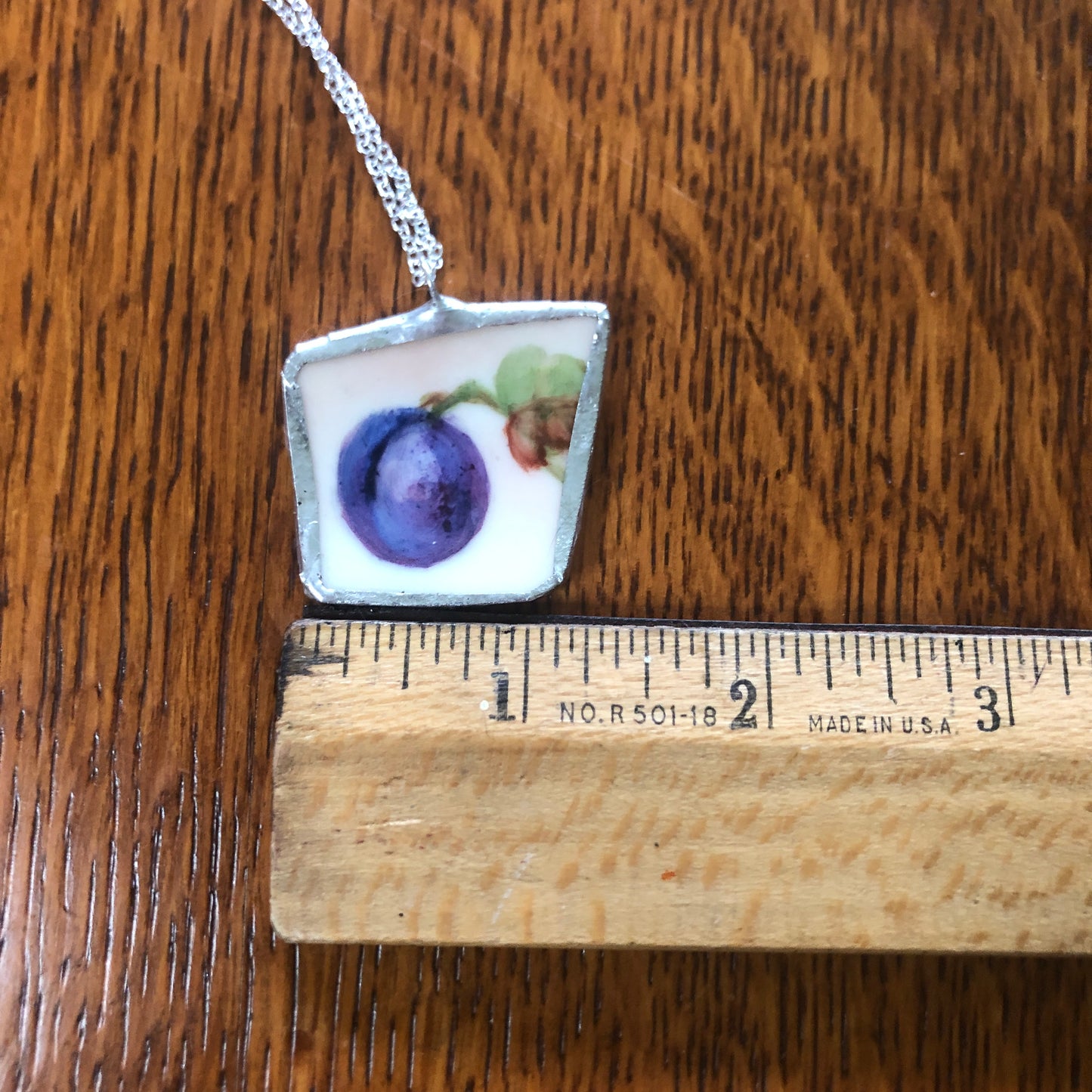 Broken Pottery Artisan Made Plum Pendent J & C Bavaria Plate Handcrafted Necklace 1 3/8in x 1.25in