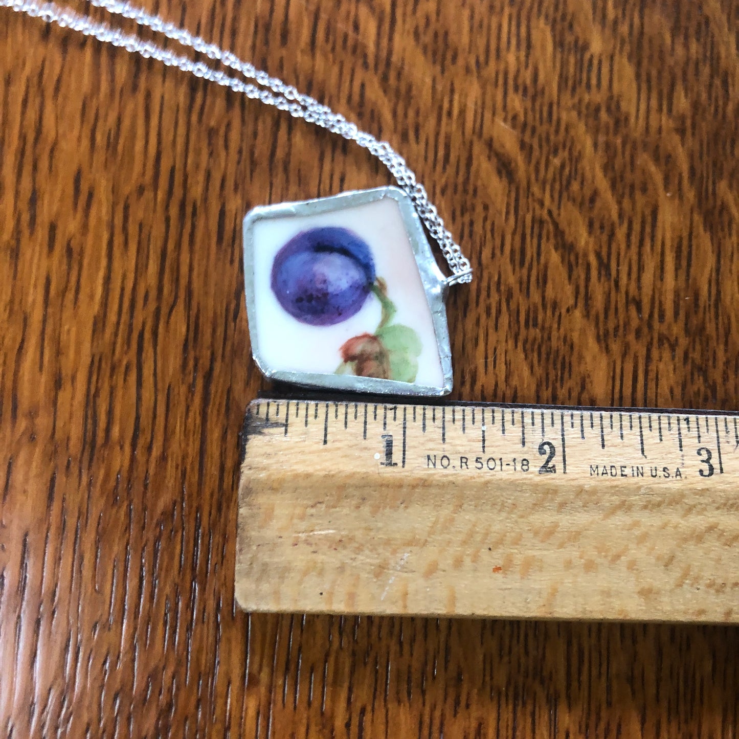Broken Pottery Artisan Made Plum Pendent J & C Bavaria Plate Handcrafted Necklace 1 3/8in x 1.25in