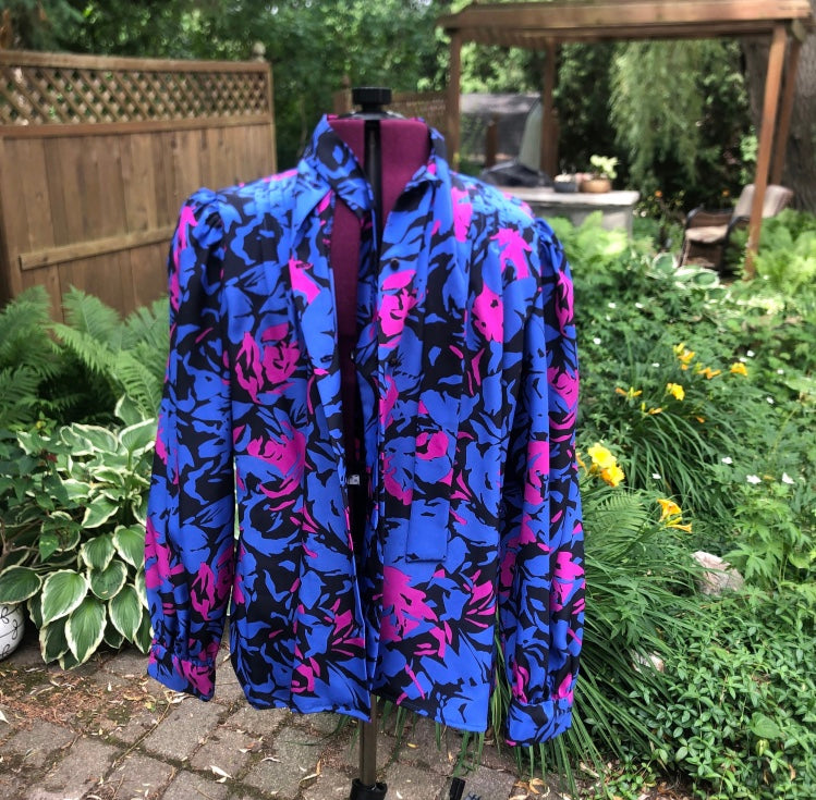 Blue and purple 1980’s vintage button up shirt adorable bow