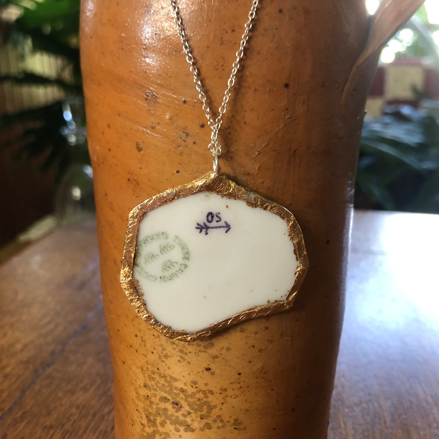 Broken Pottery Artisan Made Apple Pendent Three Crown China Plate Handcrafted Necklace 2in x 1.75in