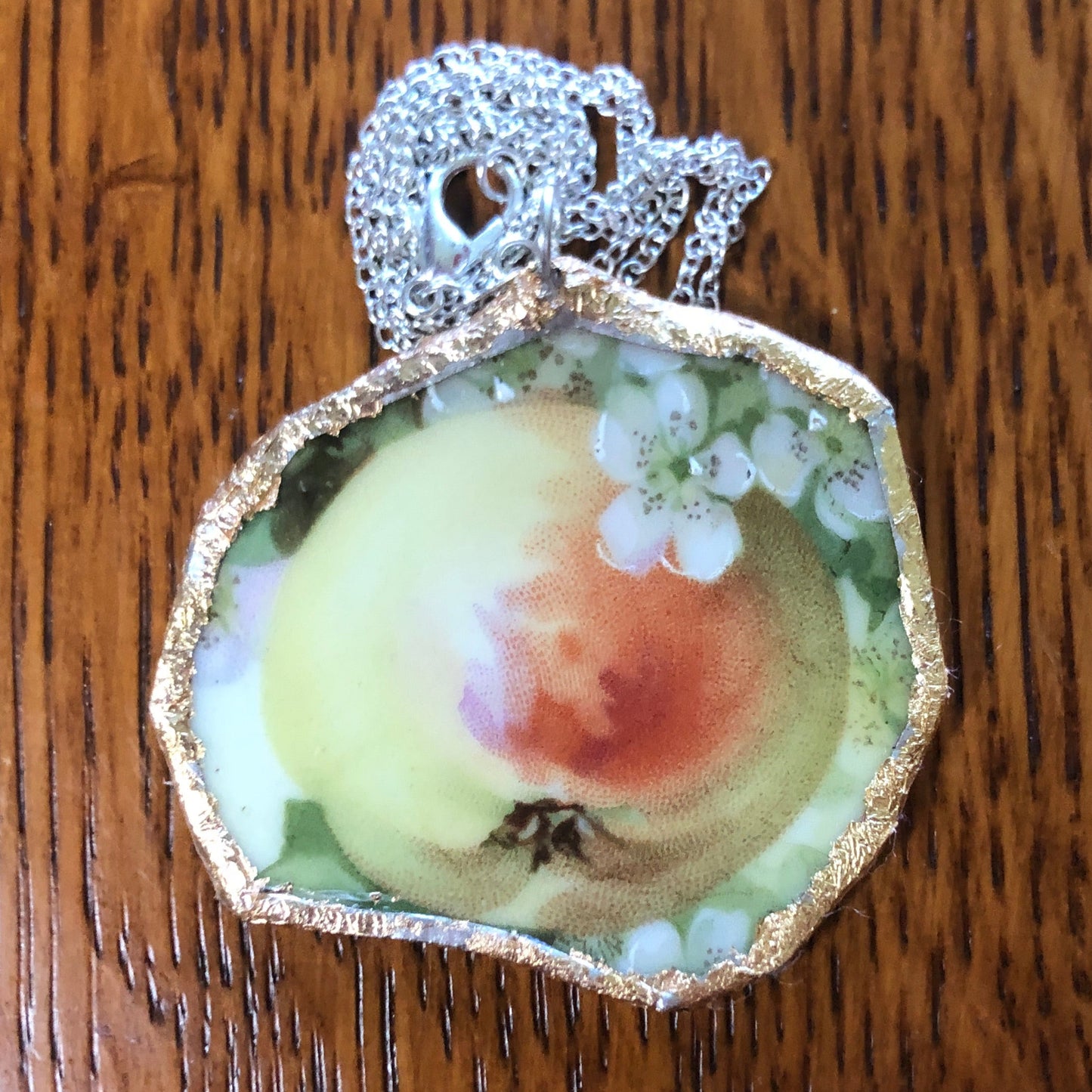 Broken Pottery Artisan Made Apple Pendent Three Crown China Plate Handcrafted Necklace 2in x 1.75in