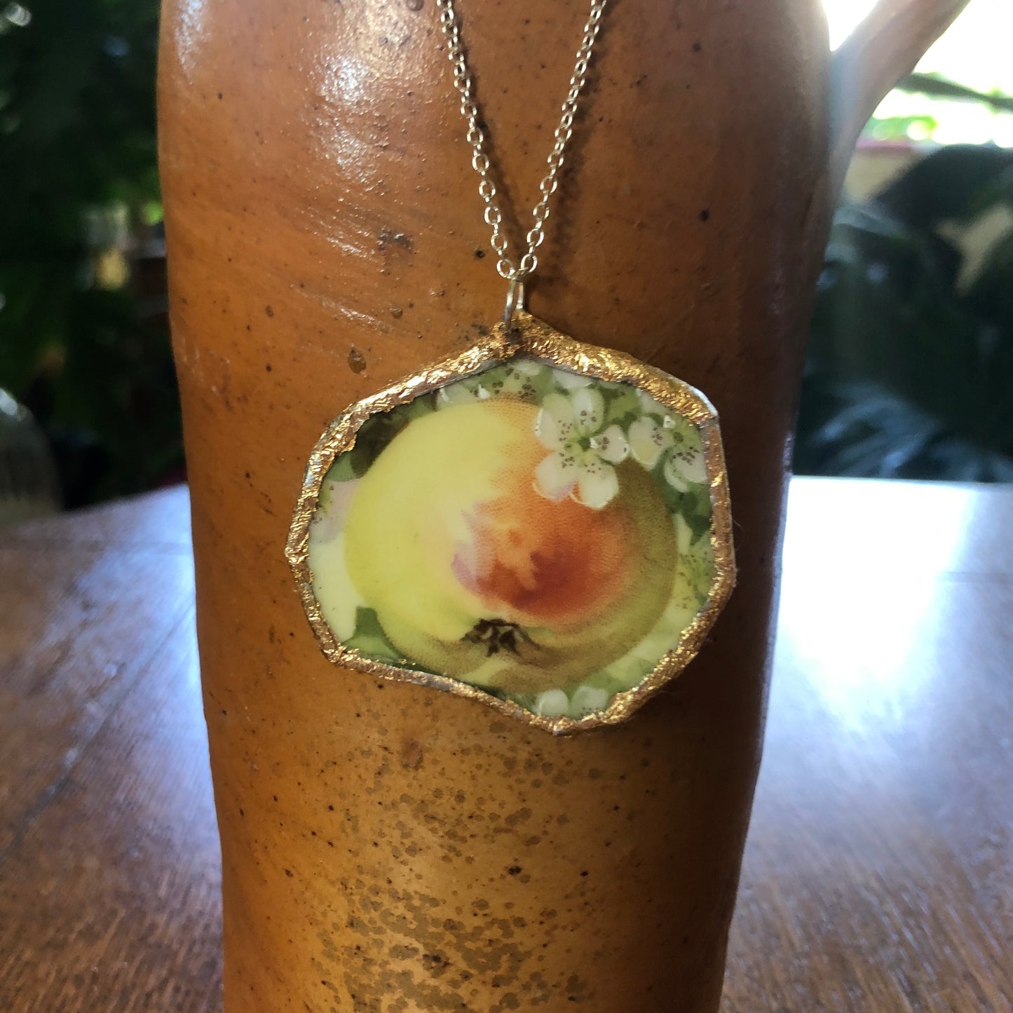 Broken Pottery Artisan Made Apple Pendent Three Crown China Plate Handcrafted Necklace 2in x 1.75in