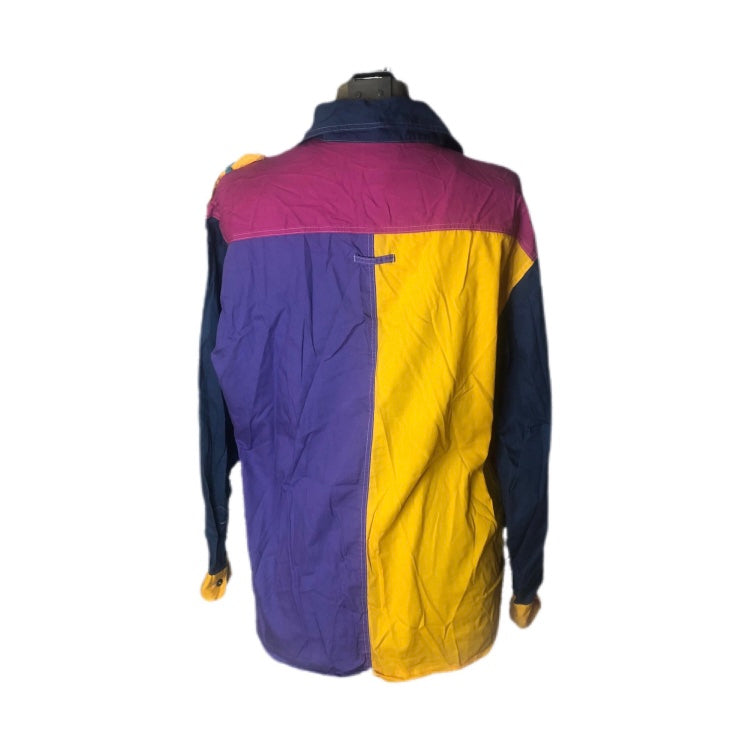 Styles To Go Brand 80’s Color Block Button Up Vibrant Yellow Purple Pink Teal