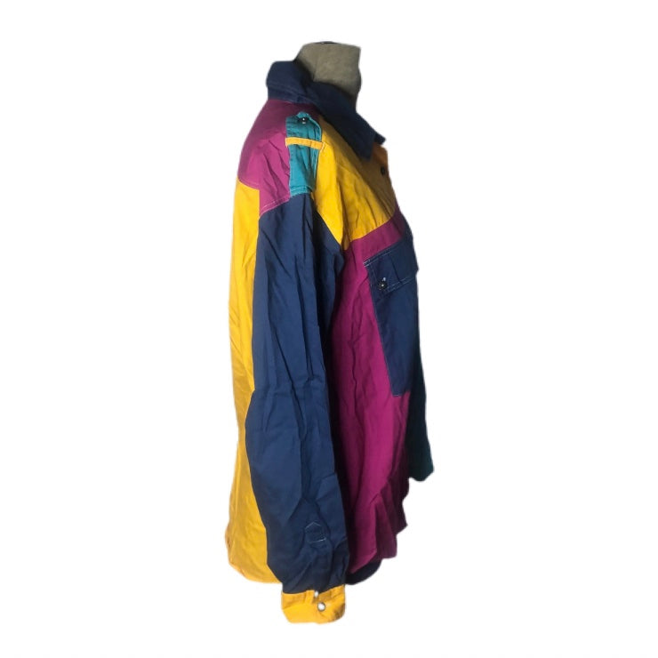 Styles To Go Brand 80’s Color Block Button Up Vibrant Yellow Purple Pink Teal