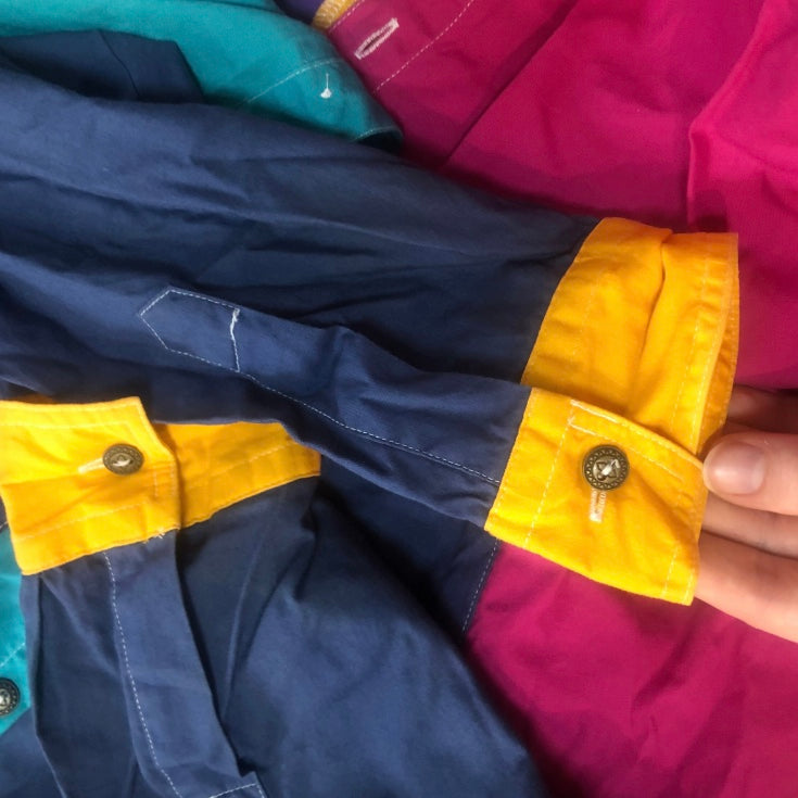Styles To Go Brand 80’s Color Block Button Up Vibrant Yellow Purple Pink Teal