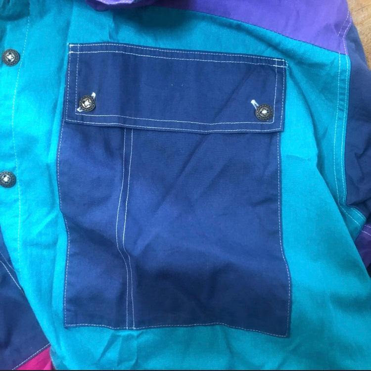 Styles To Go Brand 80’s Color Block Button Up Vibrant Yellow Purple Pink Teal